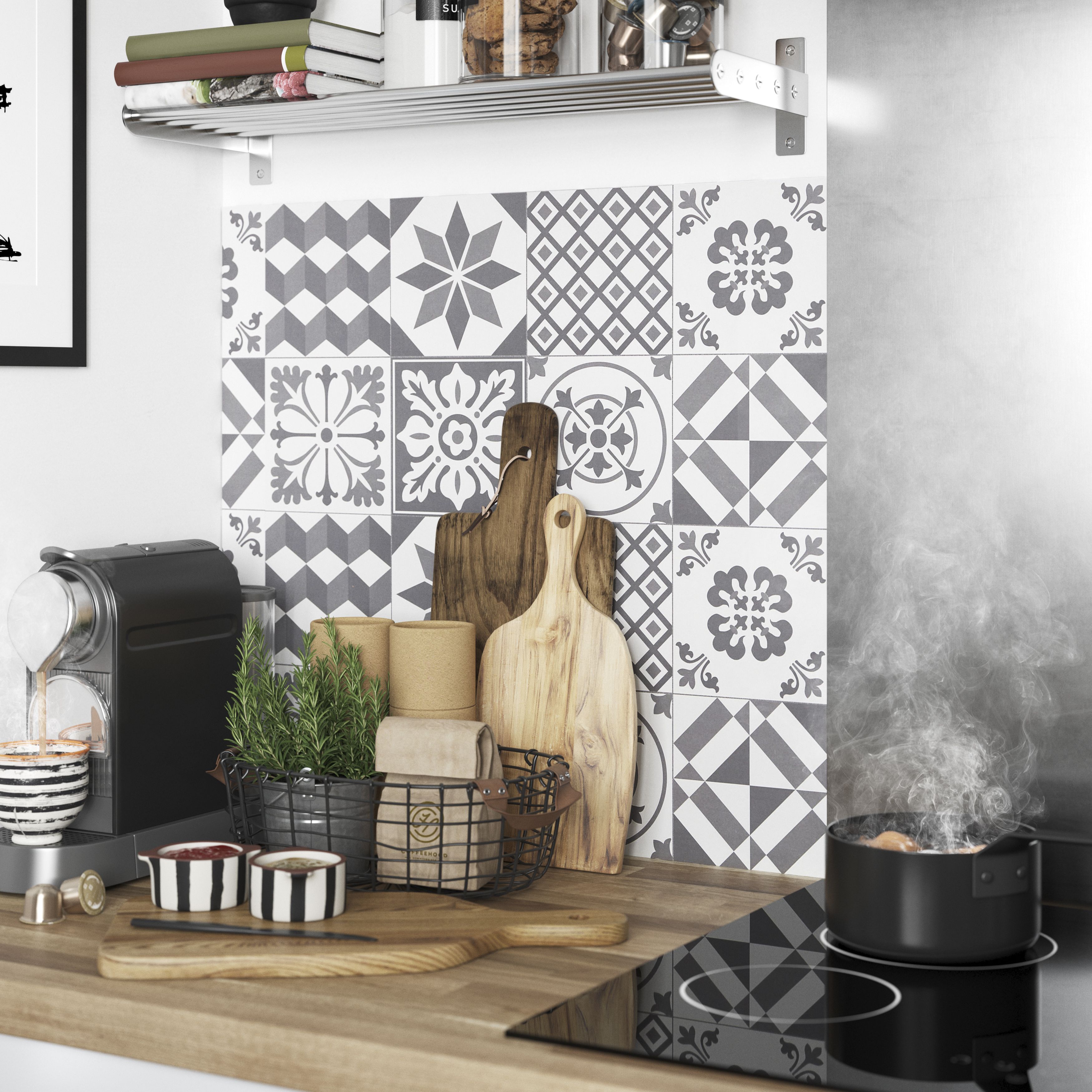GoodHome Nepeta Grey Patchwork Cement effect Paper & resin Back panel, (H)600mm (W)1800mm (T)3mm