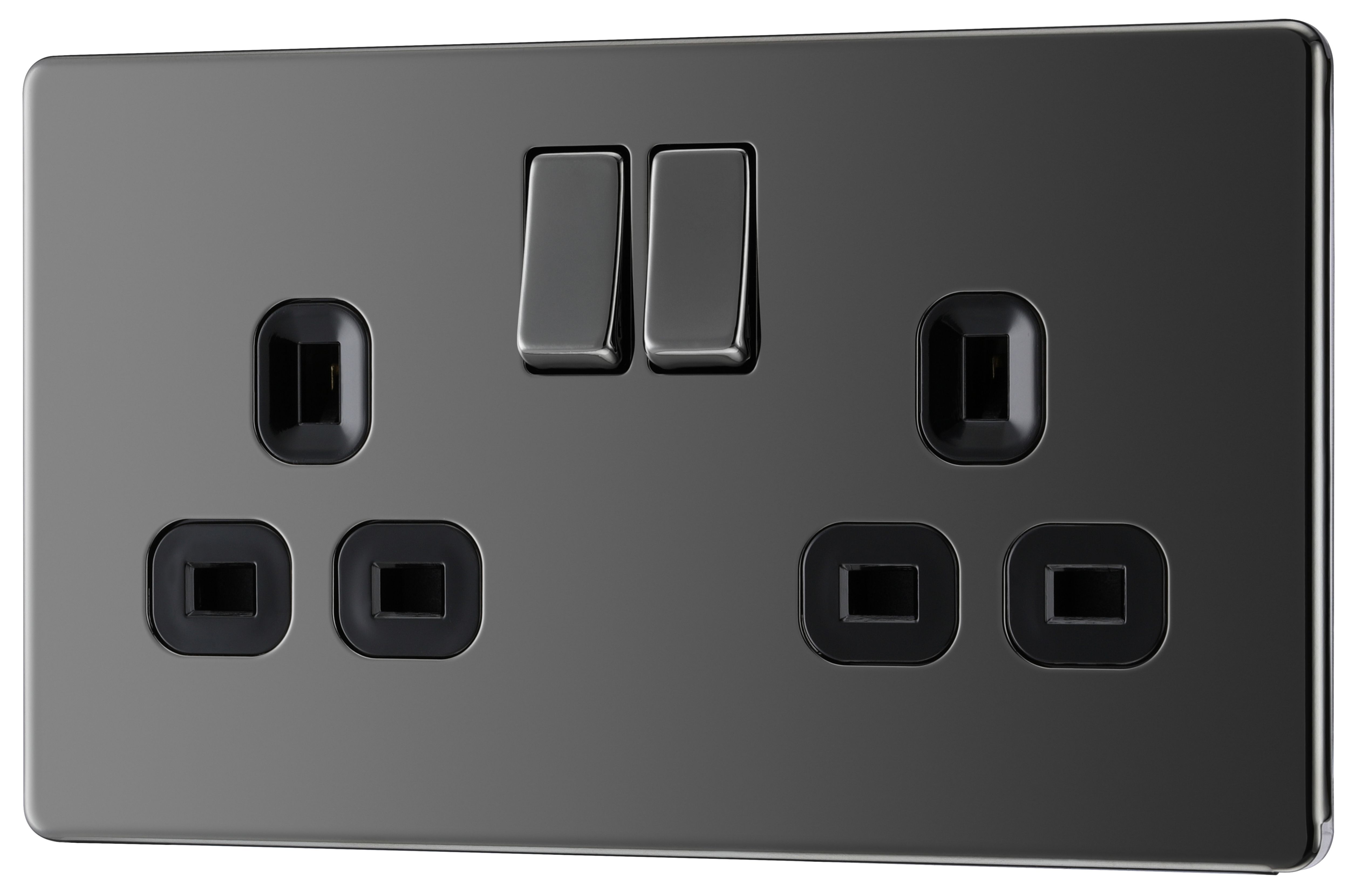 GoodHome Nickel effect Double 13A Gloss Black Socket