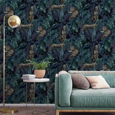 GoodHome Onax Teal Fabric effect Jungle Textured Wallpaper