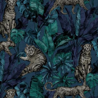 GoodHome Onax Teal Fabric effect Jungle Textured Wallpaper