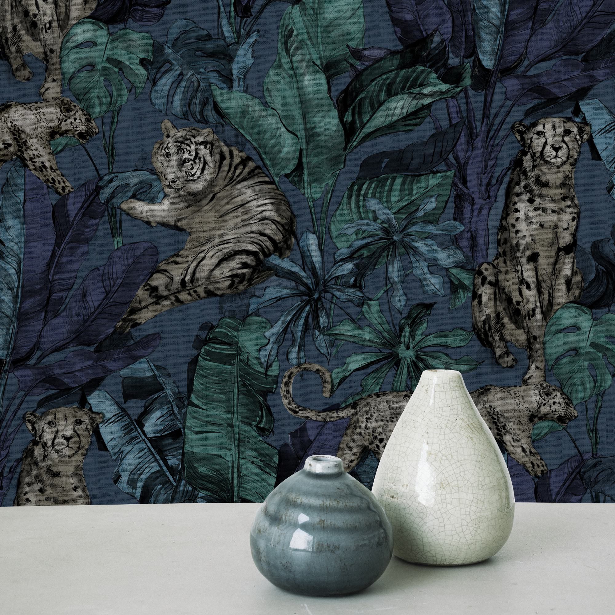 GoodHome Onax Teal Fabric effect Jungle Textured Wallpaper