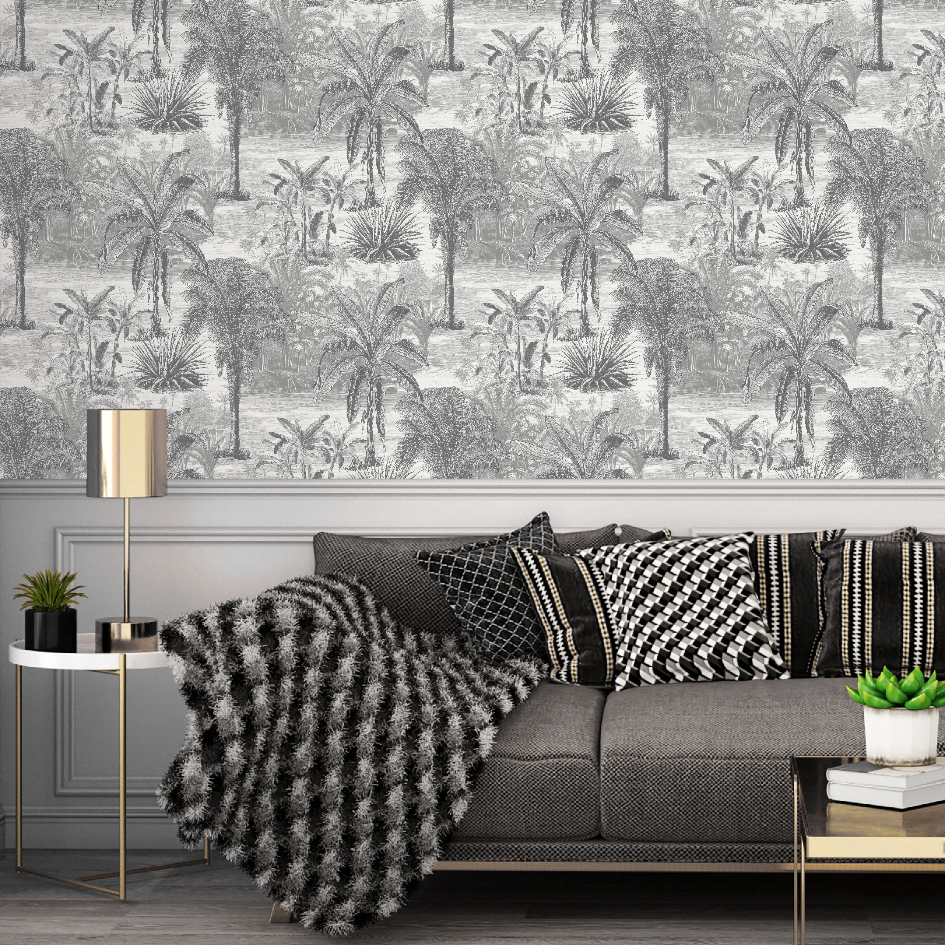 GoodHome Onyk Grey Jungle Textured Wallpaper
