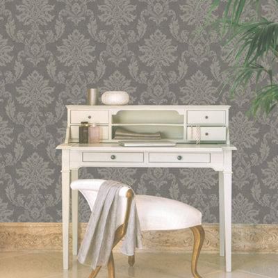 GoodHome Ormonde Charcoal Metallic effect Damask Textured Wallpaper