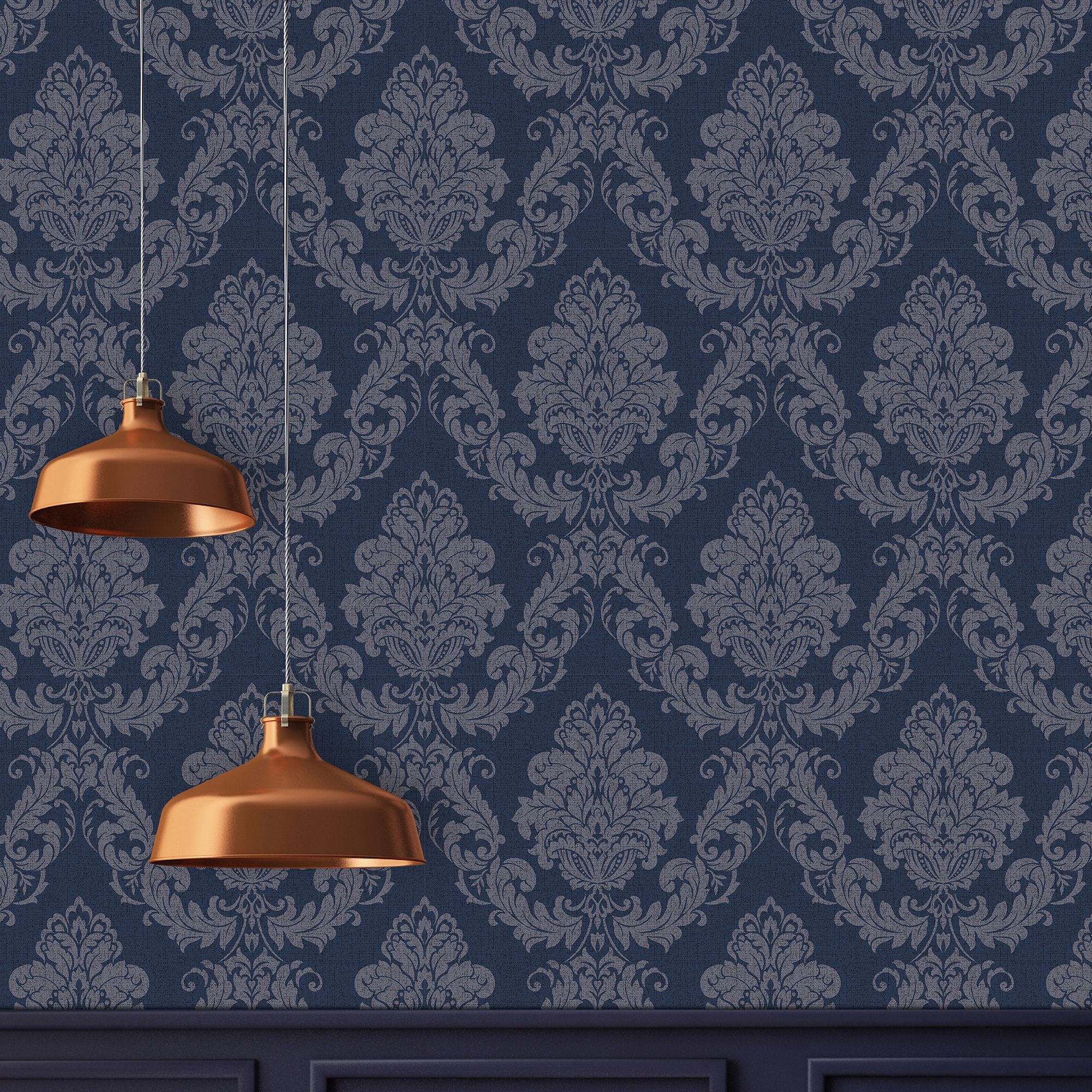 GoodHome Ornata Midnight blue Damask Textured Wallpaper Sample