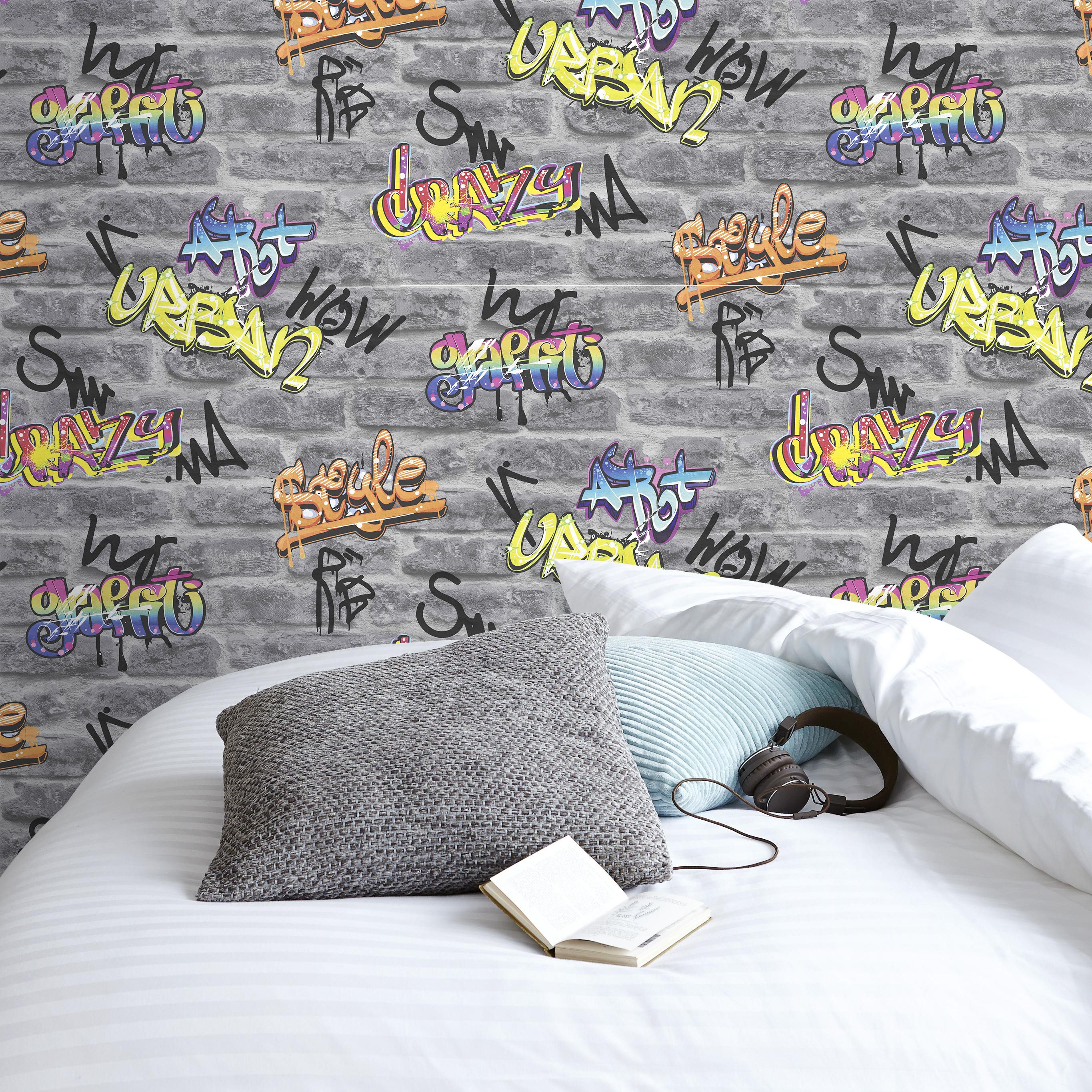 GoodHome Orobe Grey Brick effect Graffiti Smooth Wallpaper