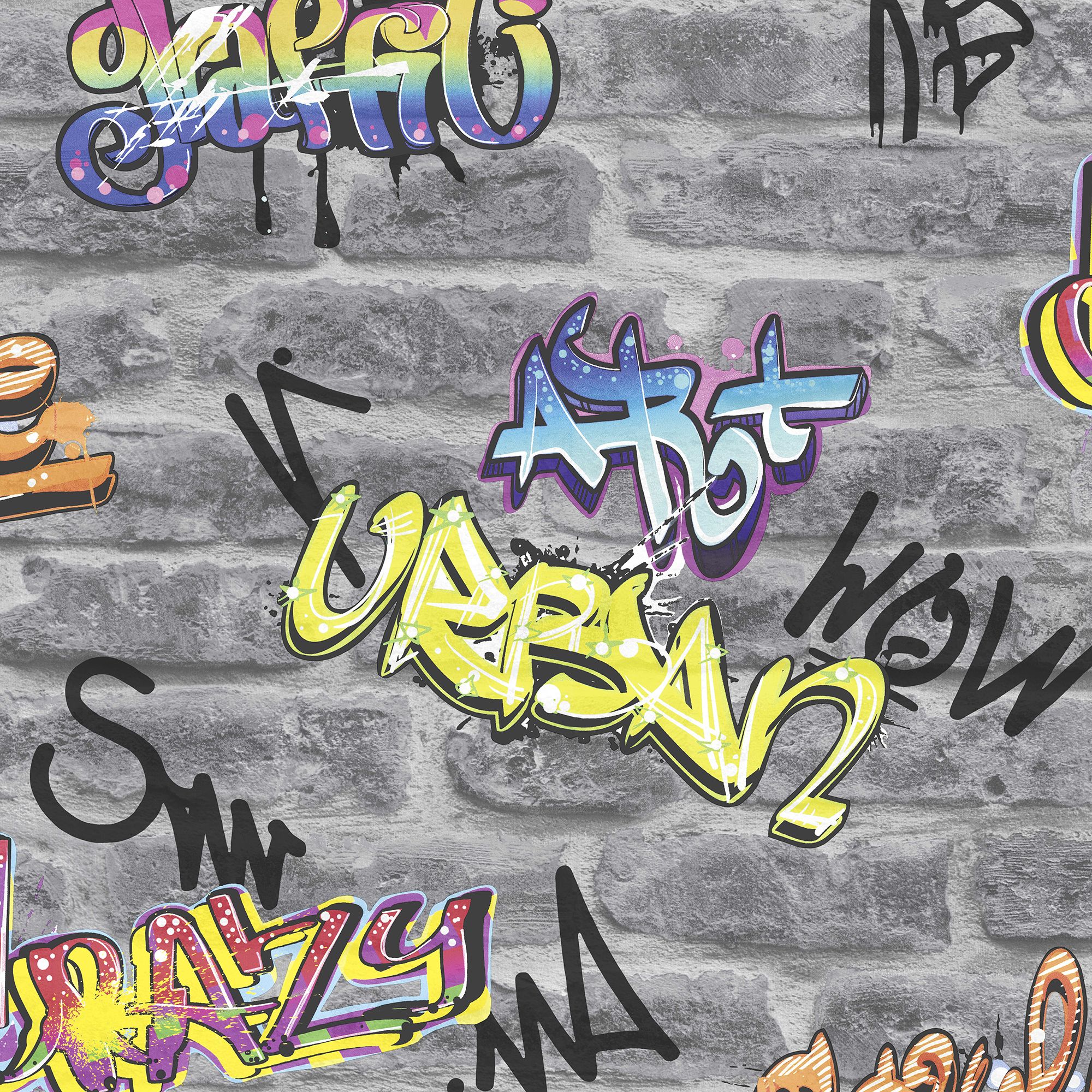 GoodHome Orobe Grey Brick effect Graffiti Smooth Wallpaper
