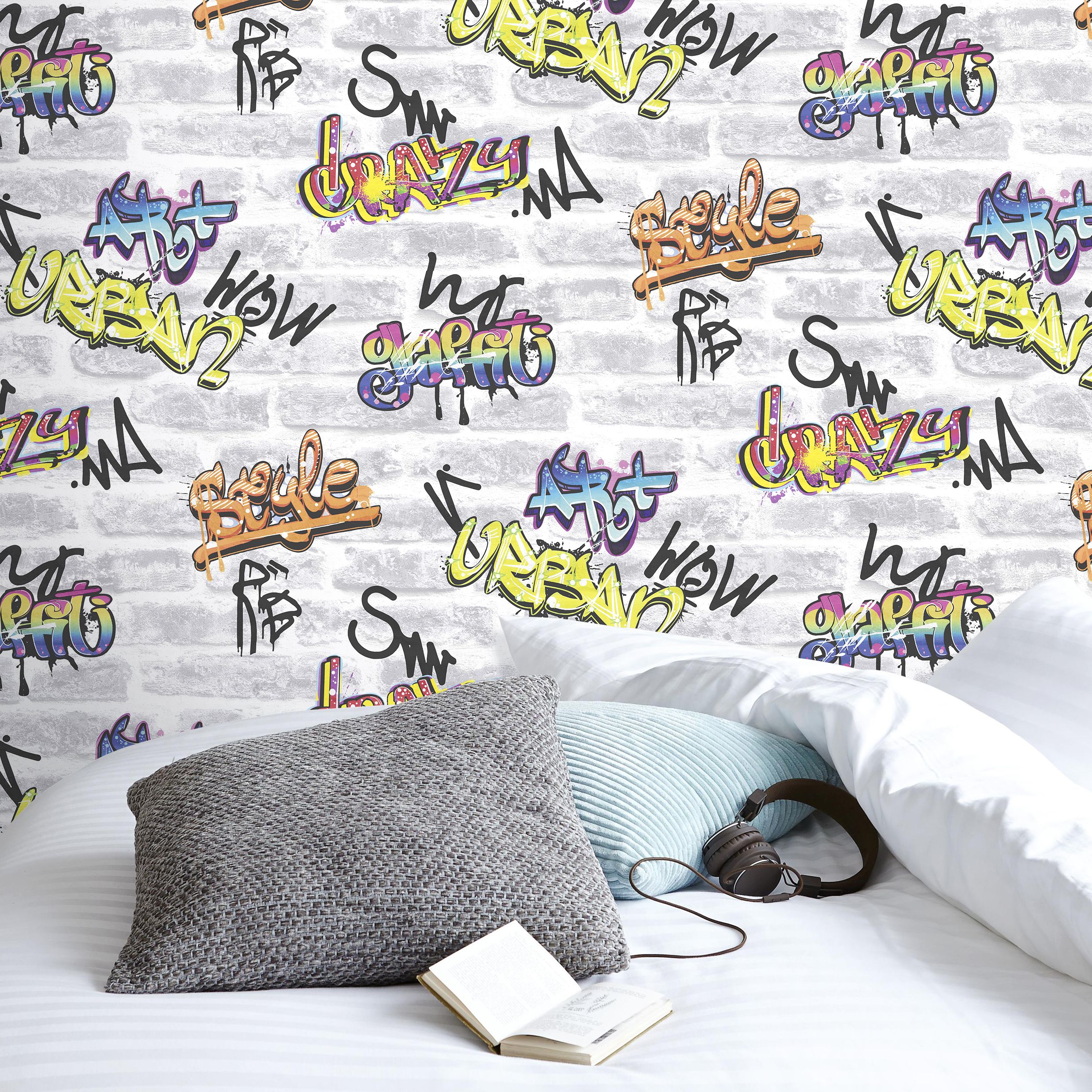 GoodHome Orobe White Graffiti brick Smooth Wallpaper Sample