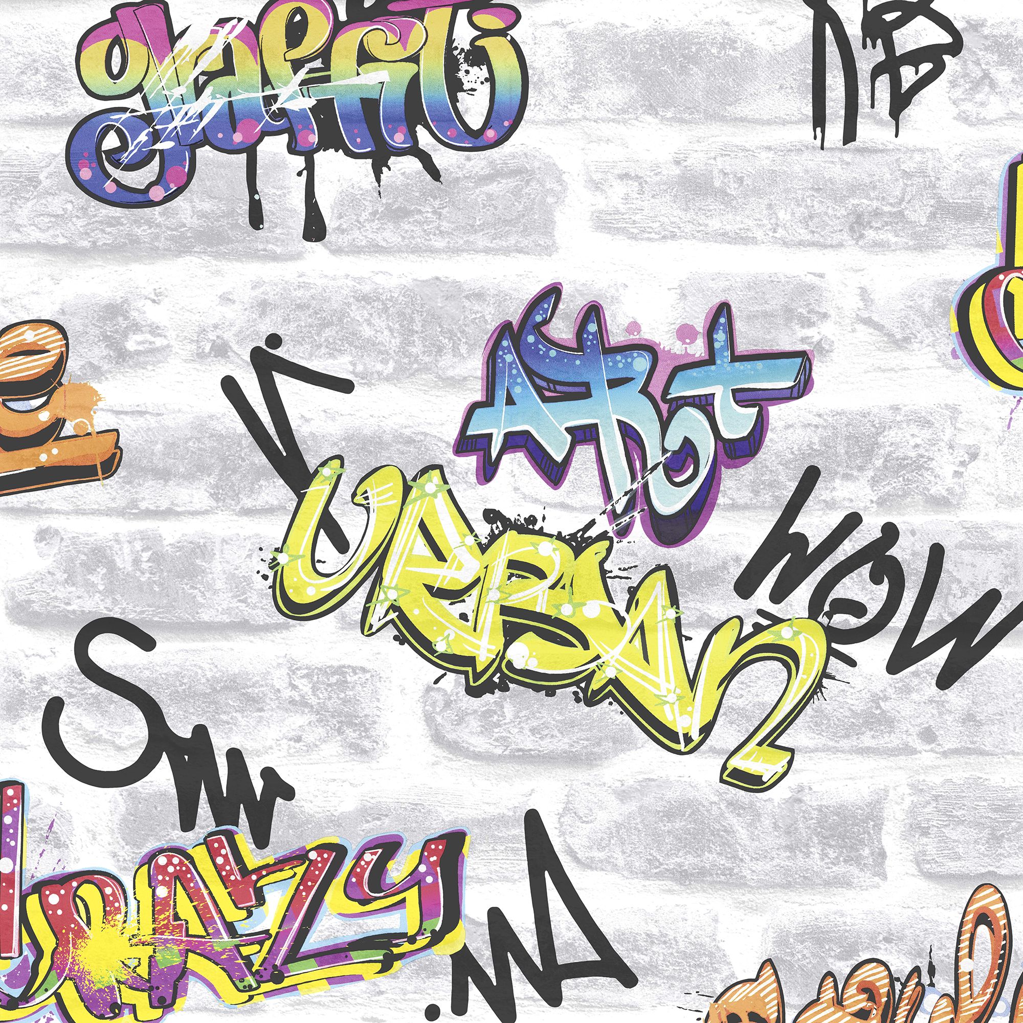 GoodHome Orobe White Graffiti brick Smooth Wallpaper Sample