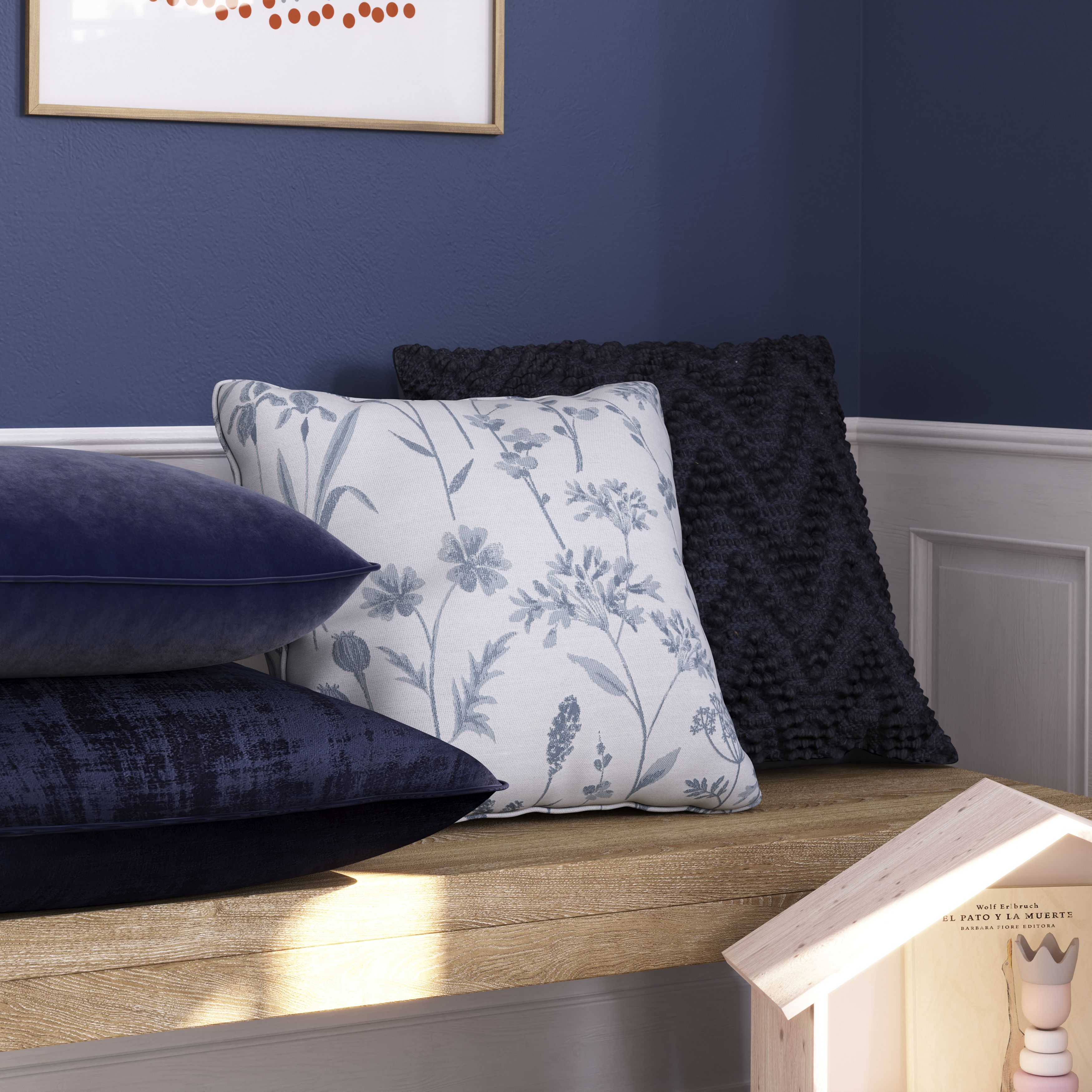 GoodHome Otema Light blue Floral Indoor Cushion (L)50cm x (W)43cm