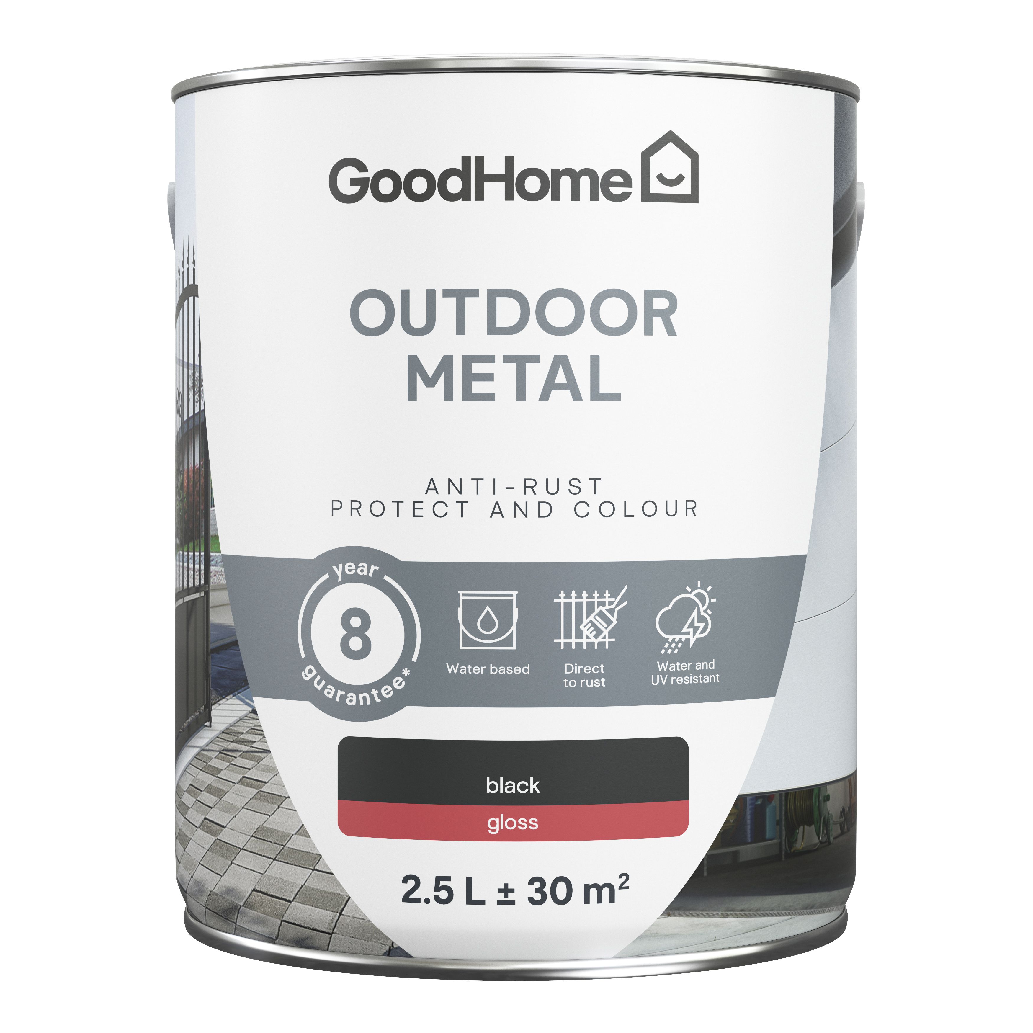 GoodHome Outdoor Black Gloss Exterior Metal paint, 2.5L Tin