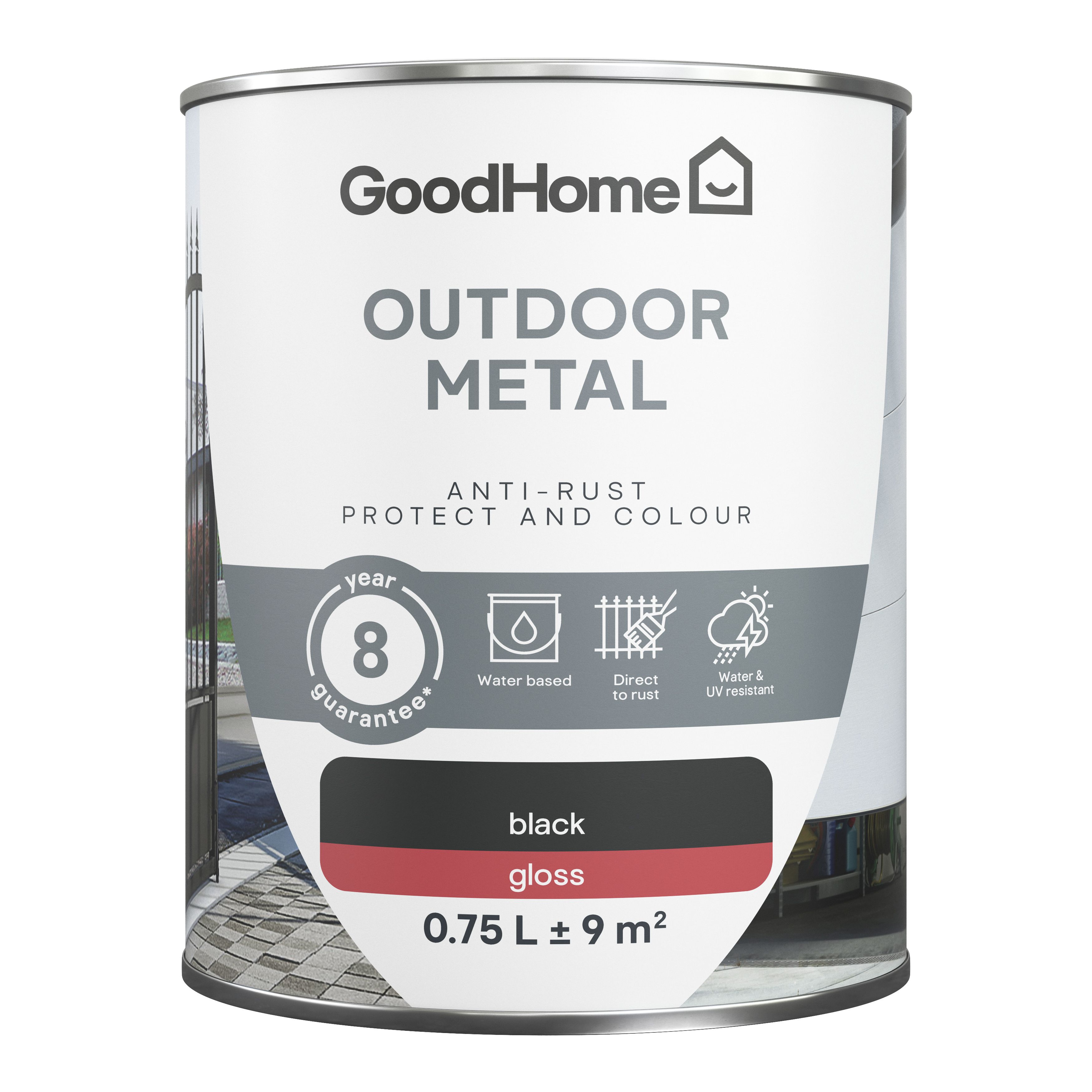 GoodHome Outdoor Black Gloss Exterior Metal paint, 750ml Tin