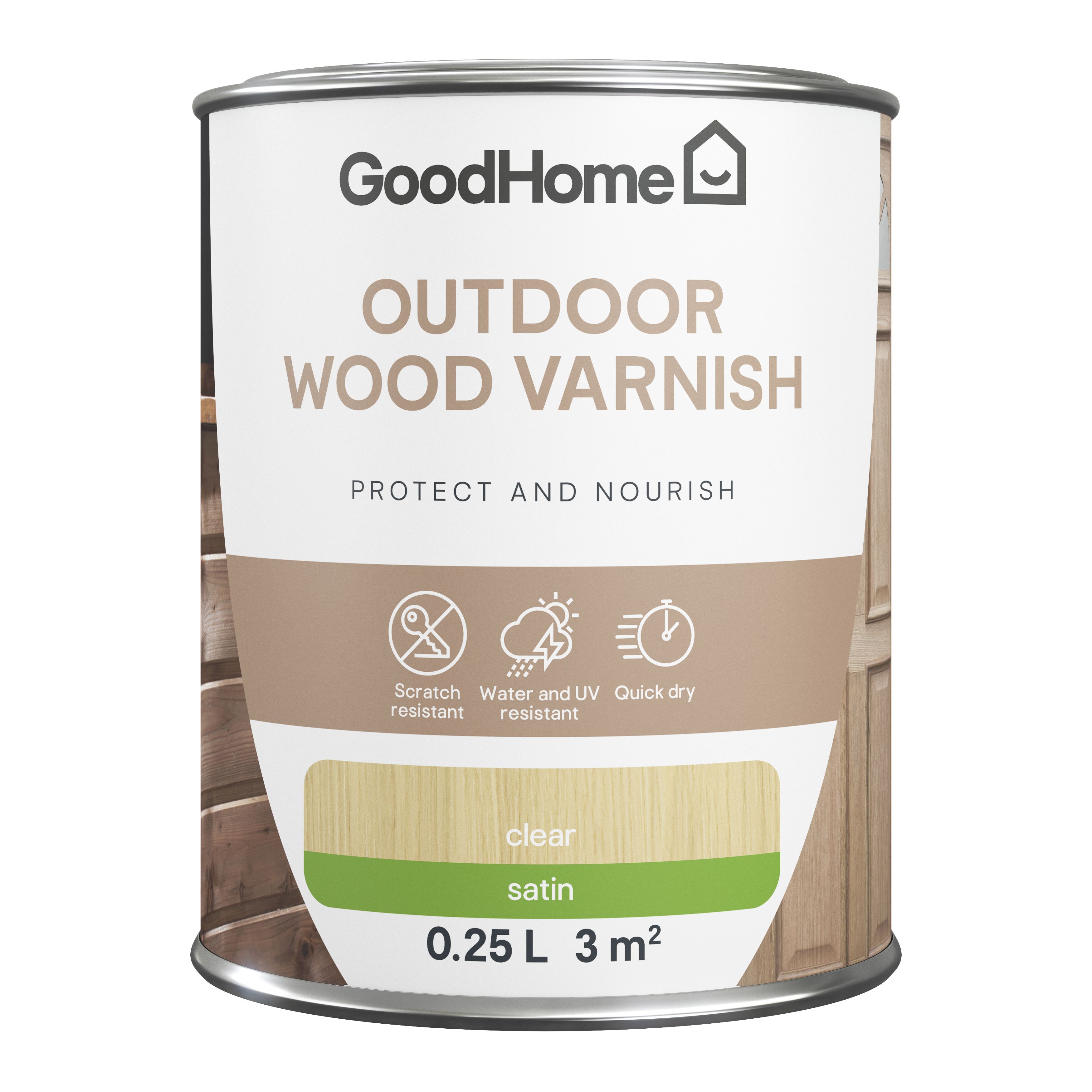GoodHome Outdoor Clear Satin Wood Varnish, 250ml