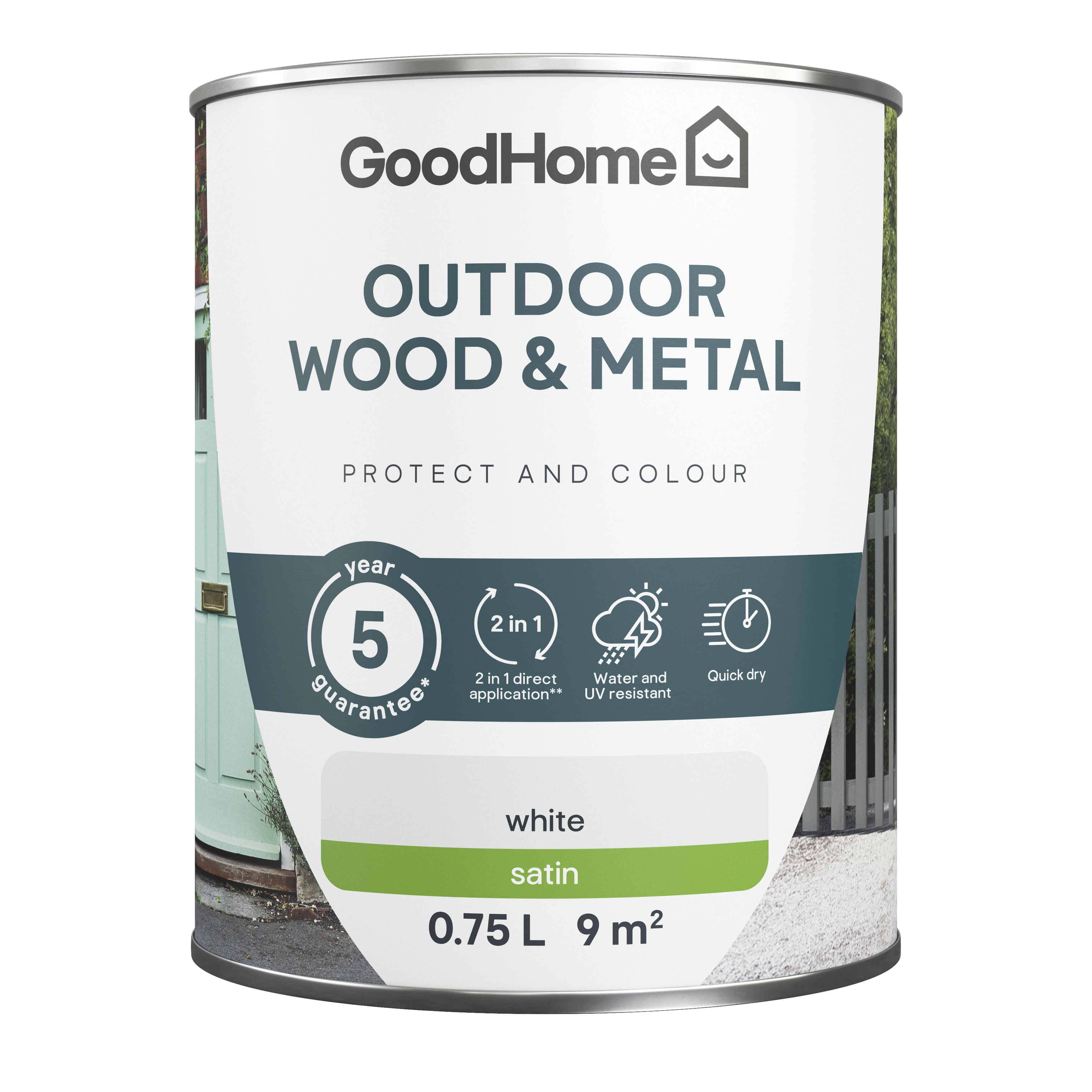 GoodHome Outdoor White Satinwood Multi-surface paint, 750ml