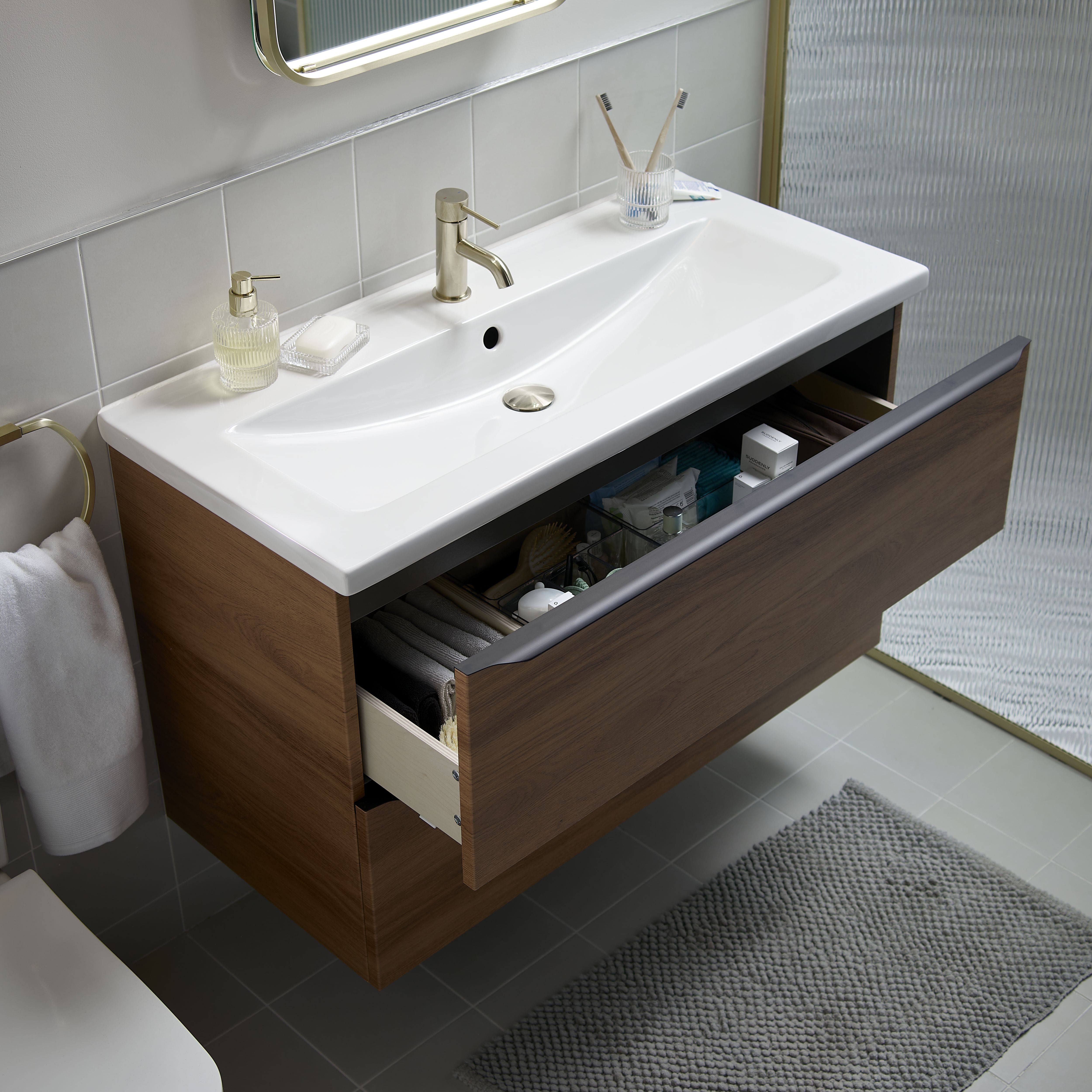 GoodHome Owens Medium Satin Gold effect Round Deck-mounted Manual Basin Mono mixer Tap