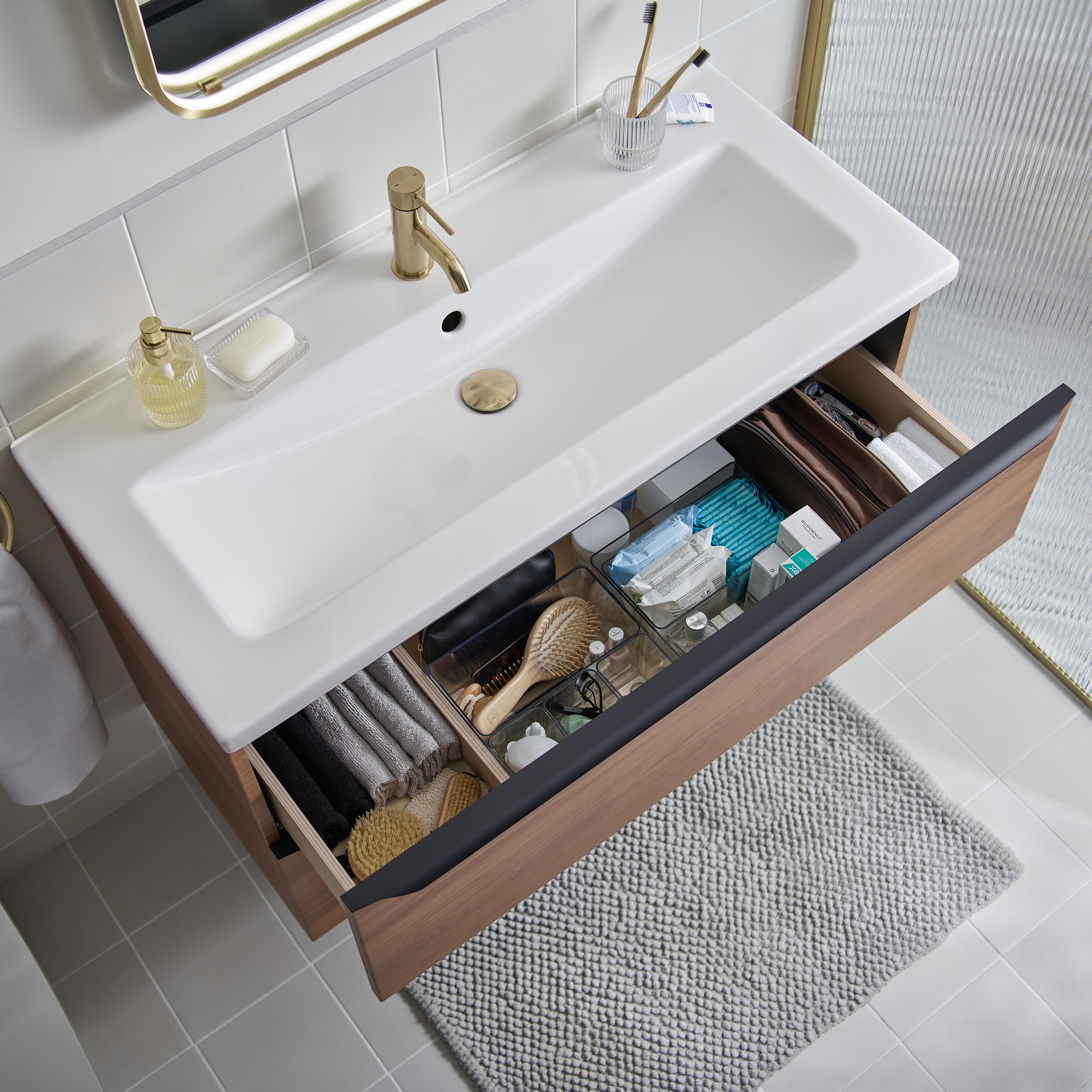 GoodHome Owens Medium Satin Gold effect Round Deck-mounted Manual Basin Mono mixer Tap