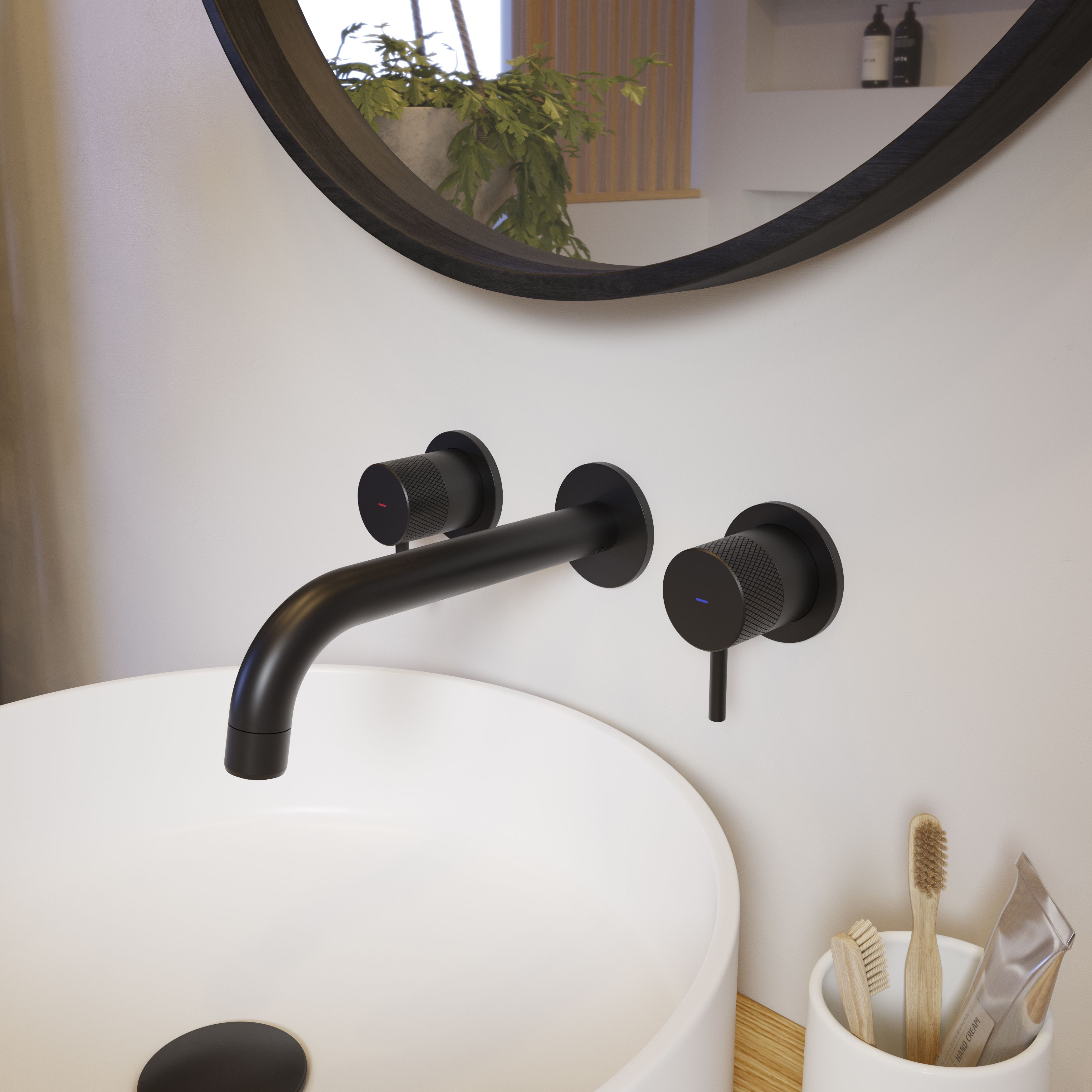 GoodHome OWENS Standard Black Round Wall-mounted Manual Wall Mono mixer Tap