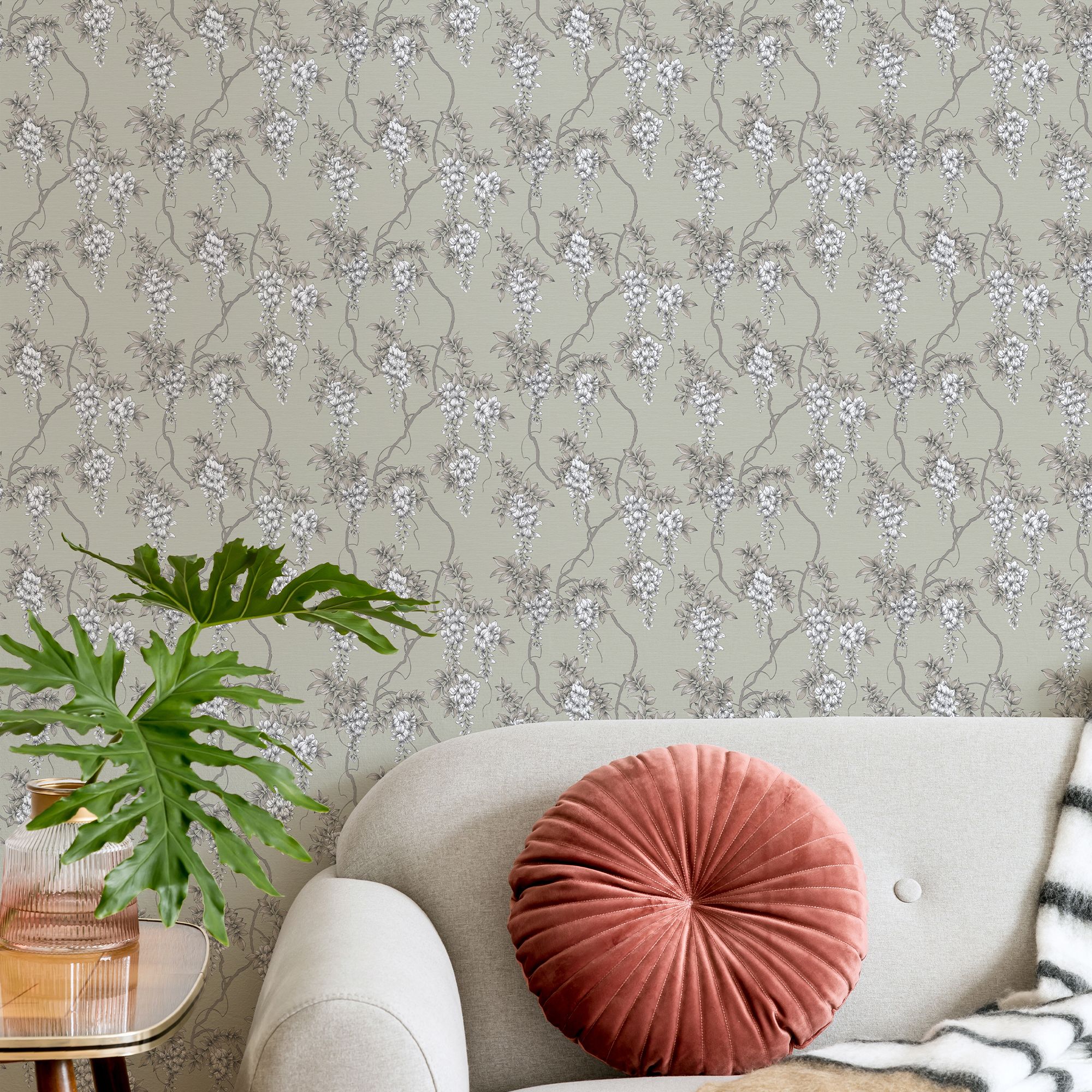 GoodHome Owletts Grey & sage Metallic effect Floral Textured Wallpaper