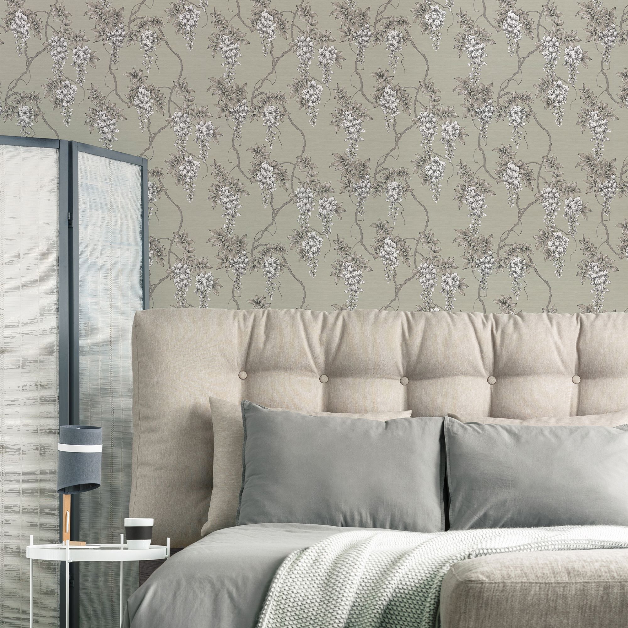 GoodHome Owletts Grey & sage Metallic effect Floral Textured Wallpaper