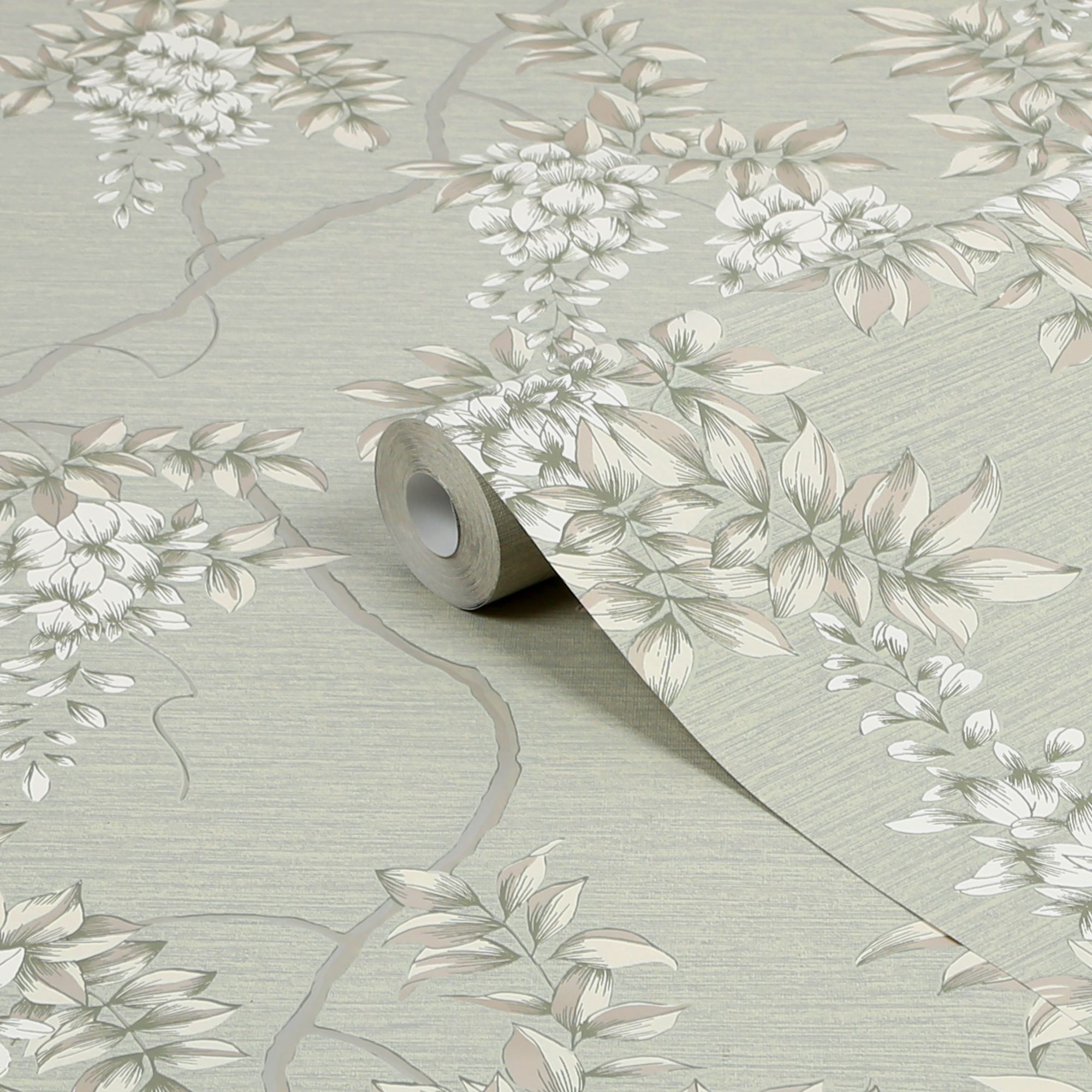 GoodHome Owletts Grey & sage Metallic effect Floral Textured Wallpaper