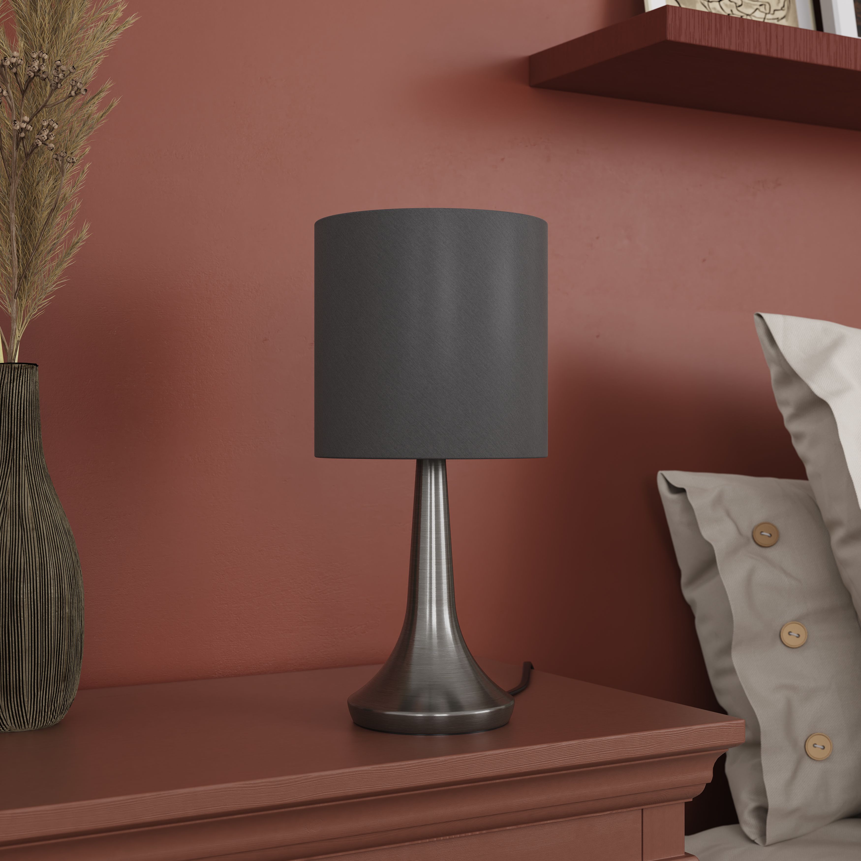 GoodHome Painswick Satin Grey Nickel effect Cylinder Table lamp