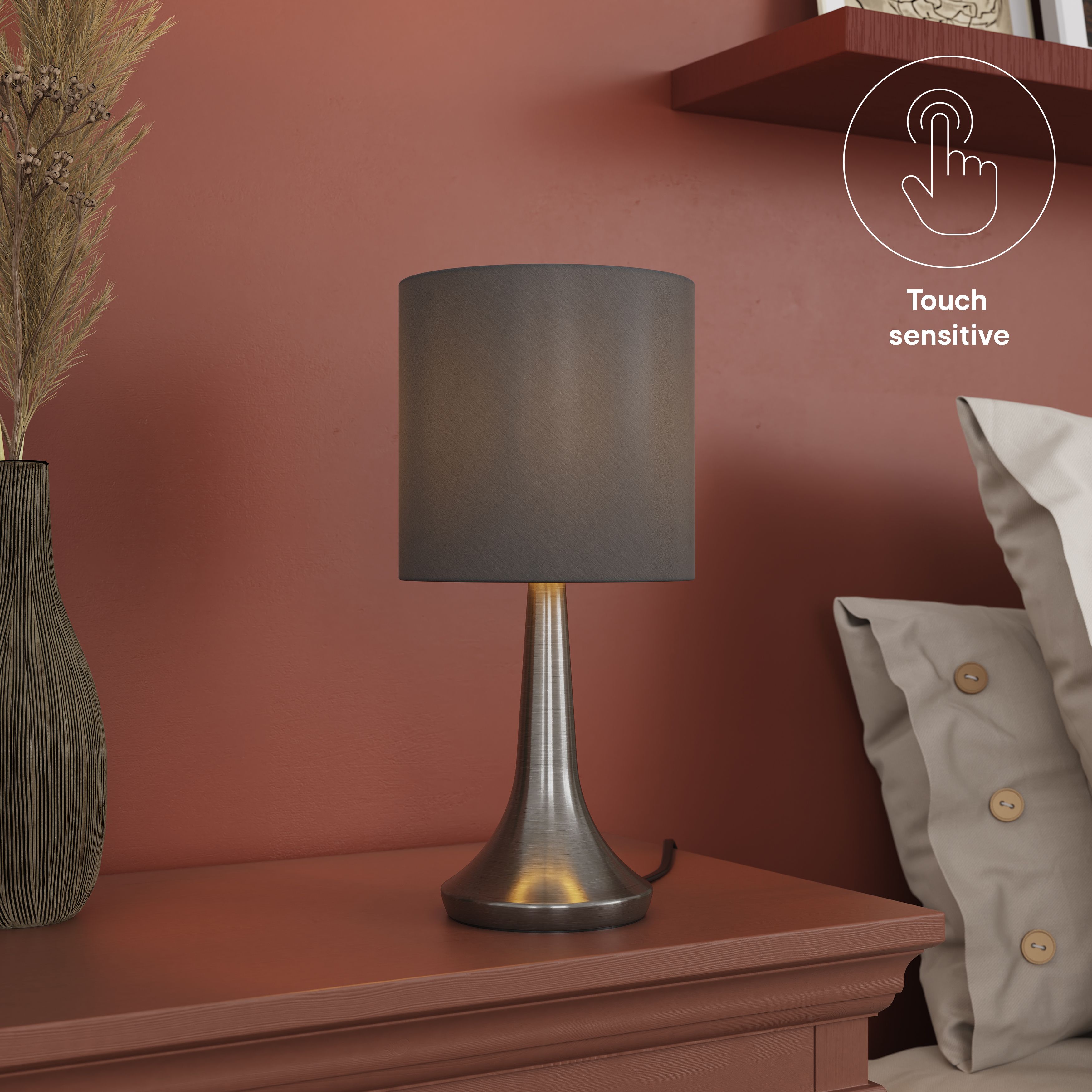 GoodHome Painswick Satin Grey Nickel effect Cylinder Table lamp