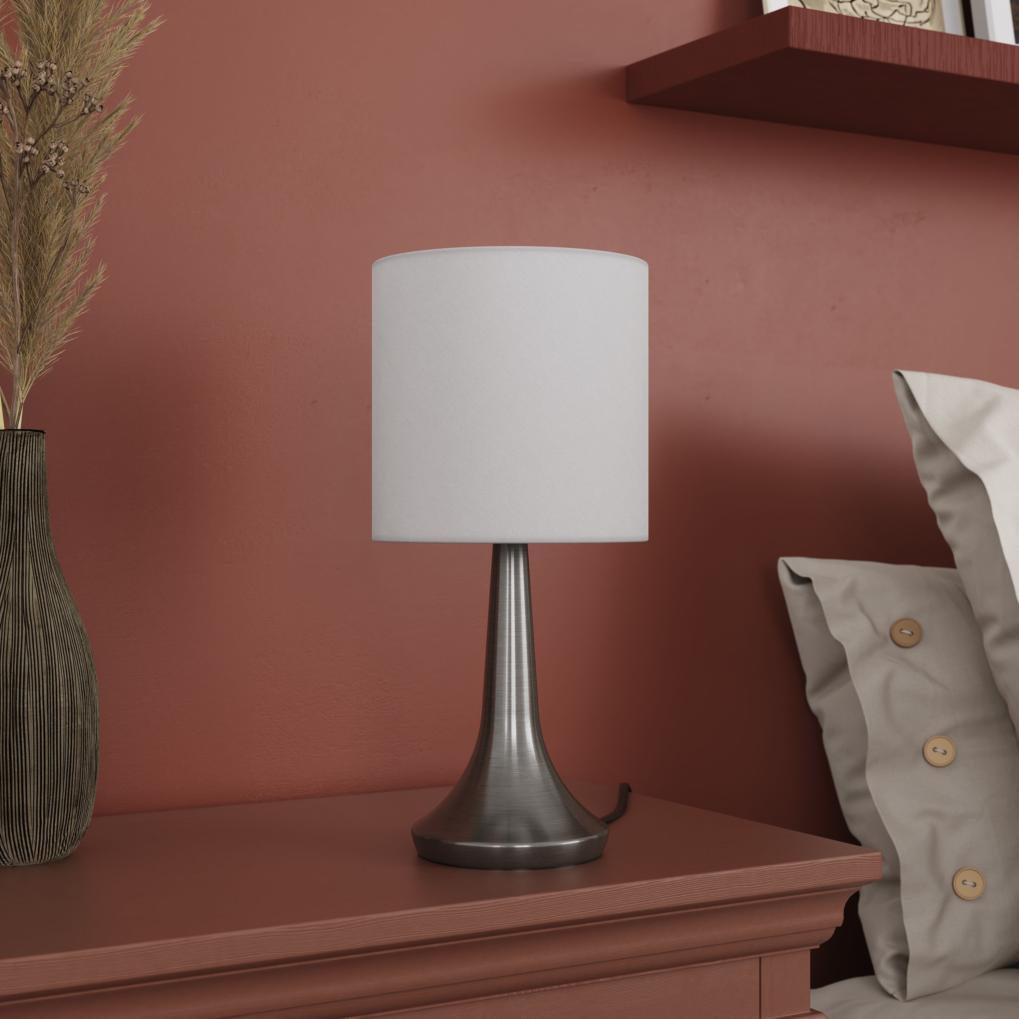 GoodHome Painswick Satin White Nickel effect Cylinder Table lamp