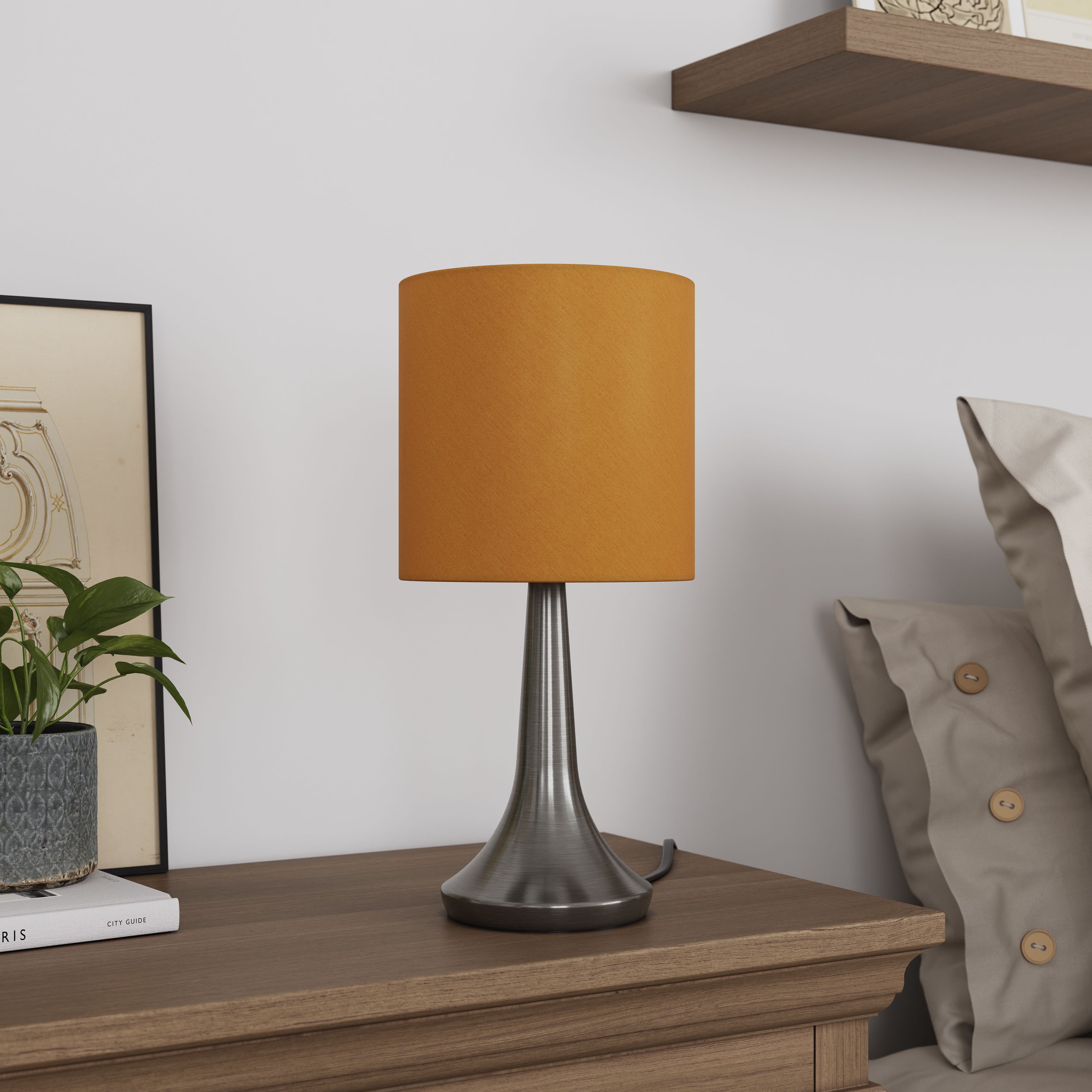 GoodHome Painswick Satin Yellow Nickel effect Cylinder Table lamp