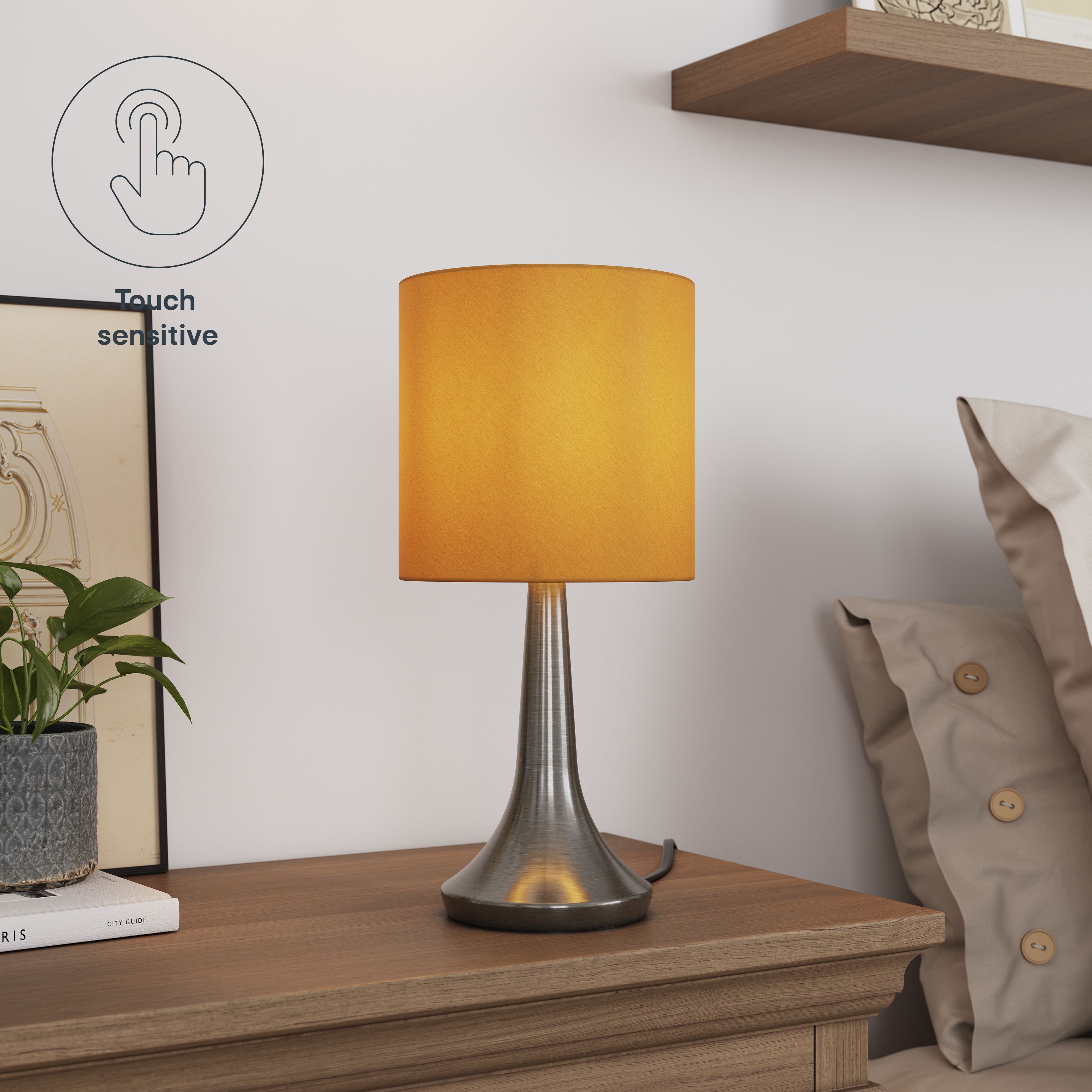 GoodHome Painswick Satin Yellow Nickel effect Cylinder Table lamp
