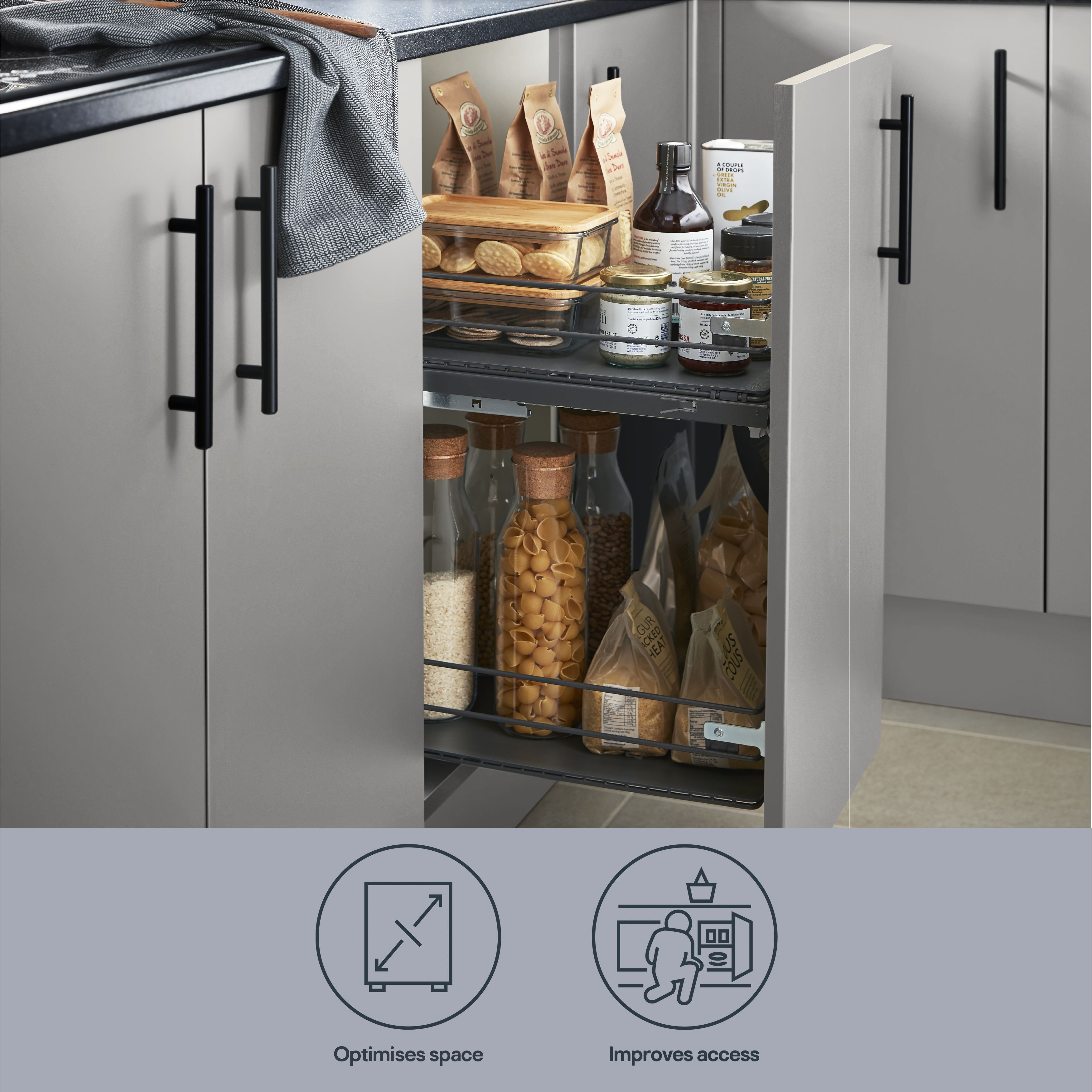 GoodHome Pebre Anthracite Soft close runners Pull out storage, (H)484mm (W)364mm