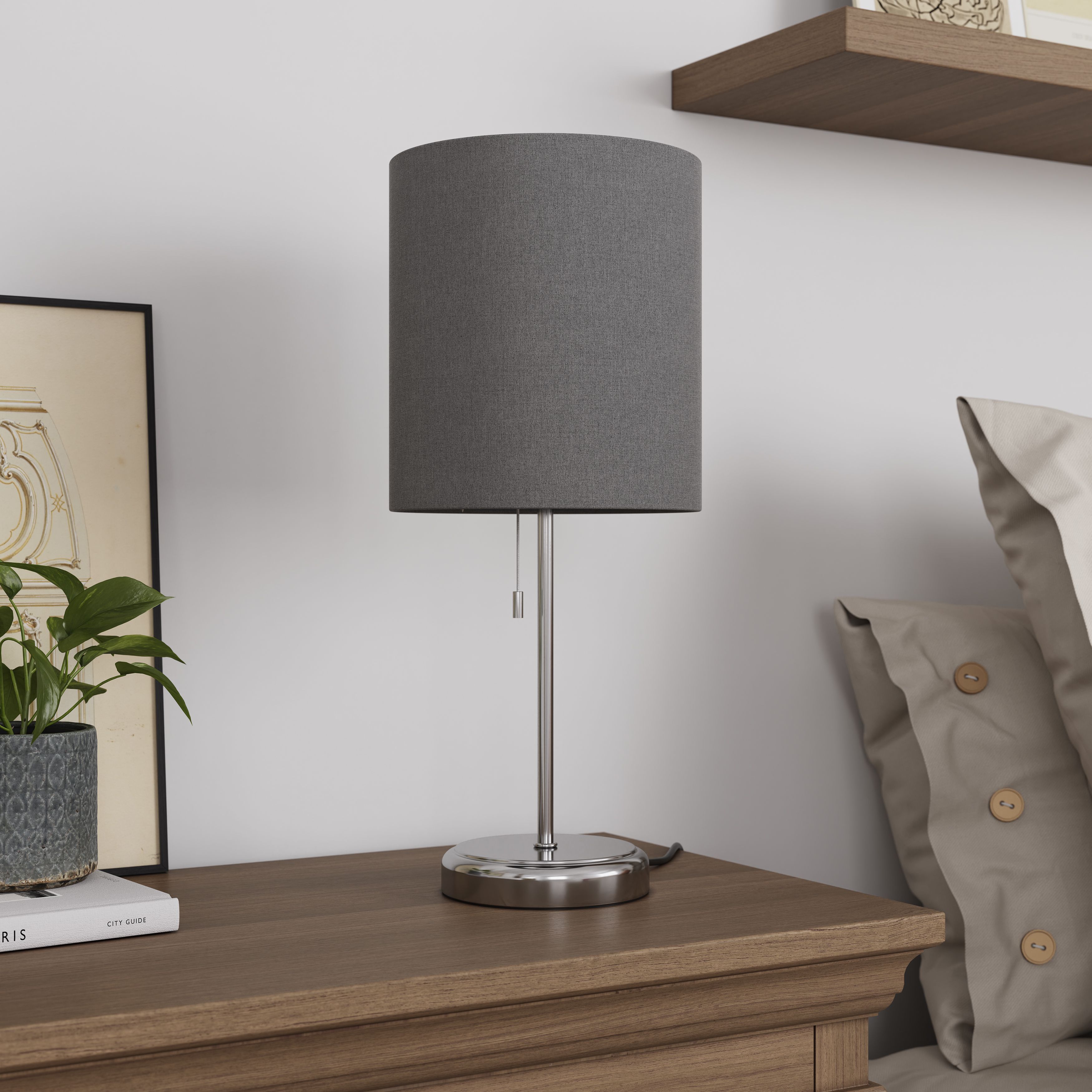 GoodHome Penistone Brushed Grey Chrome effect Straight Table lamp