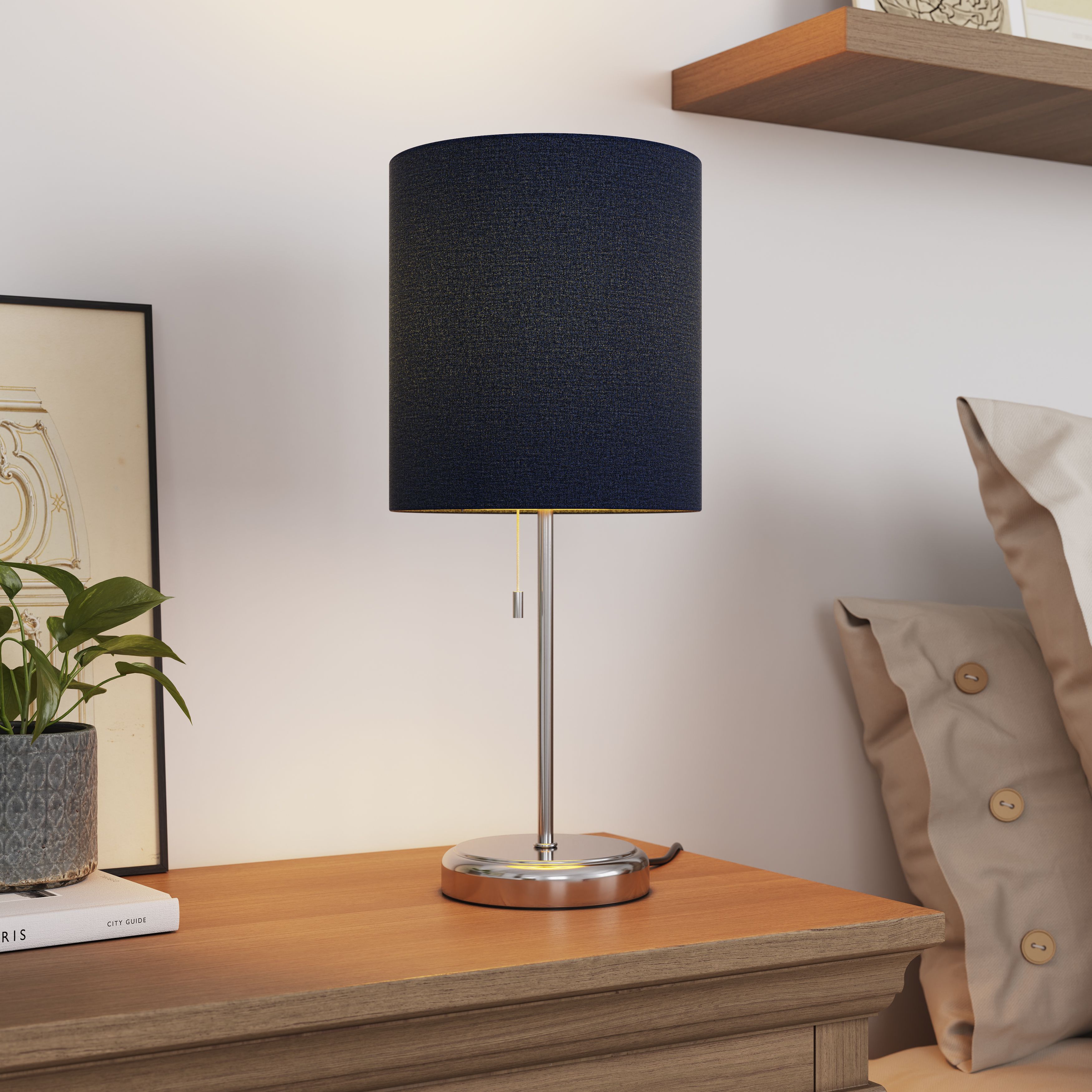 GoodHome Penistone Brushed Navy Chrome effect Straight Table lamp