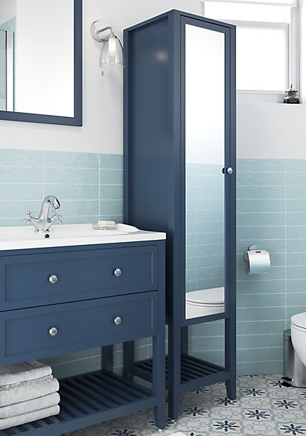 Goodhome Perma Satin Blue Tall, Mirrored Free Standing Bathroom Cabinet