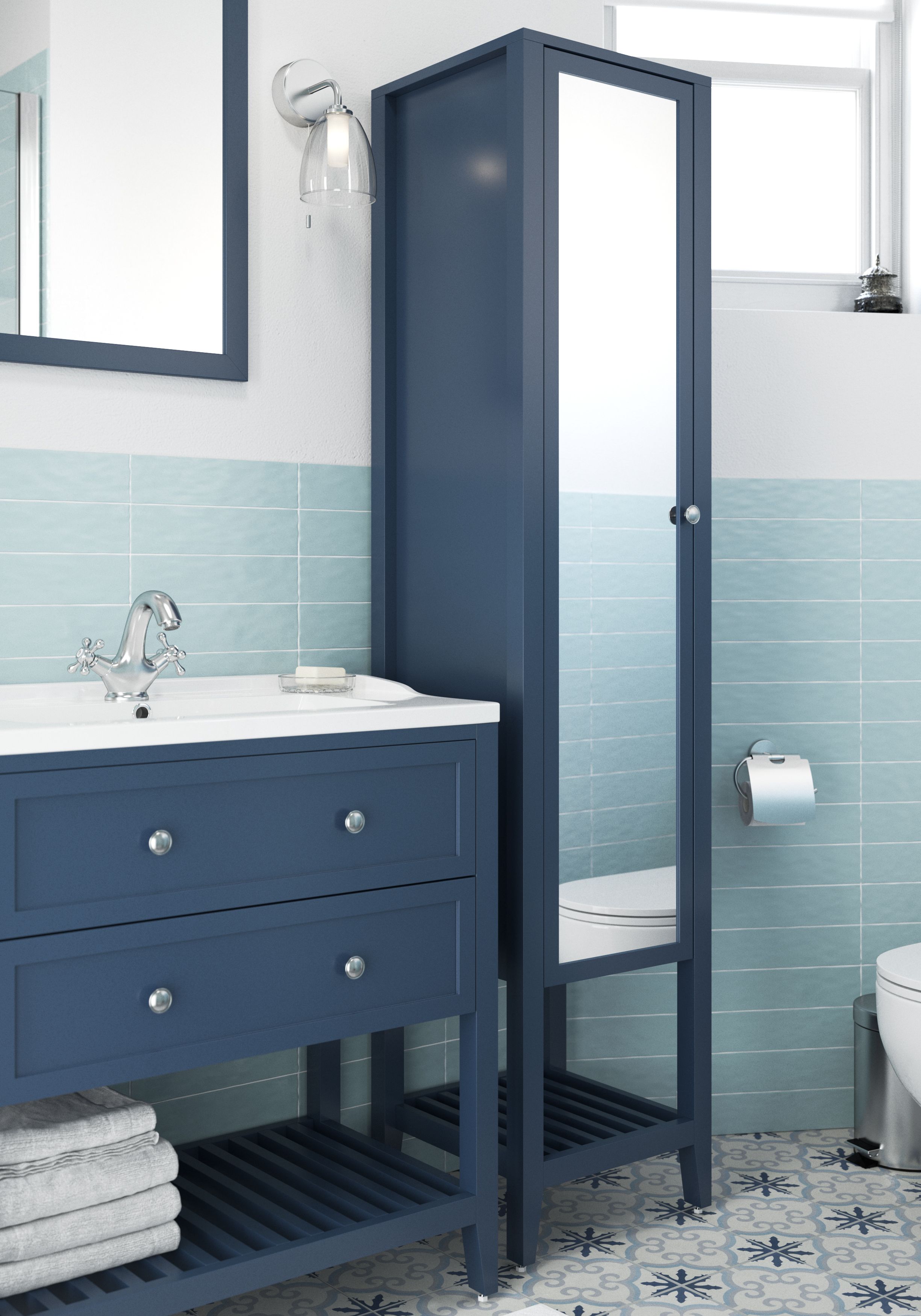 GoodHome Perma Tall Satin Blue Single Freestanding Bathroom Cabinet (H)185cm (W)40cm