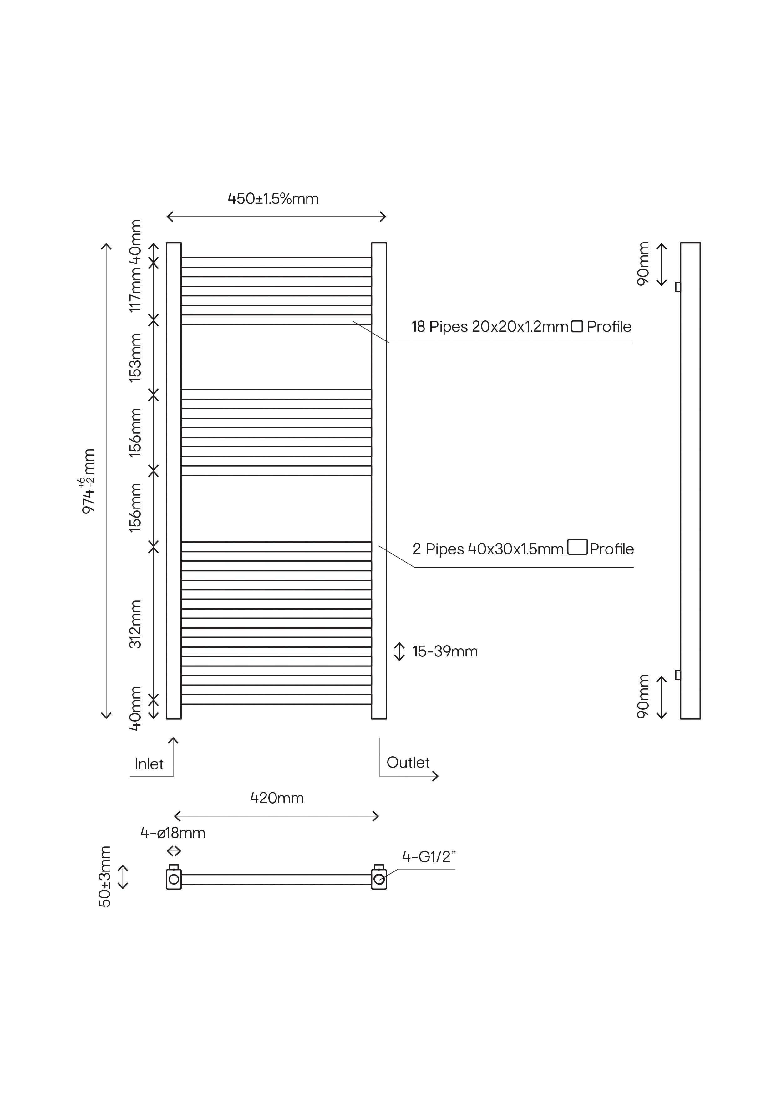 GoodHome Petworth Vertical Flat Towel radiator (W)450mm x (H)974mm