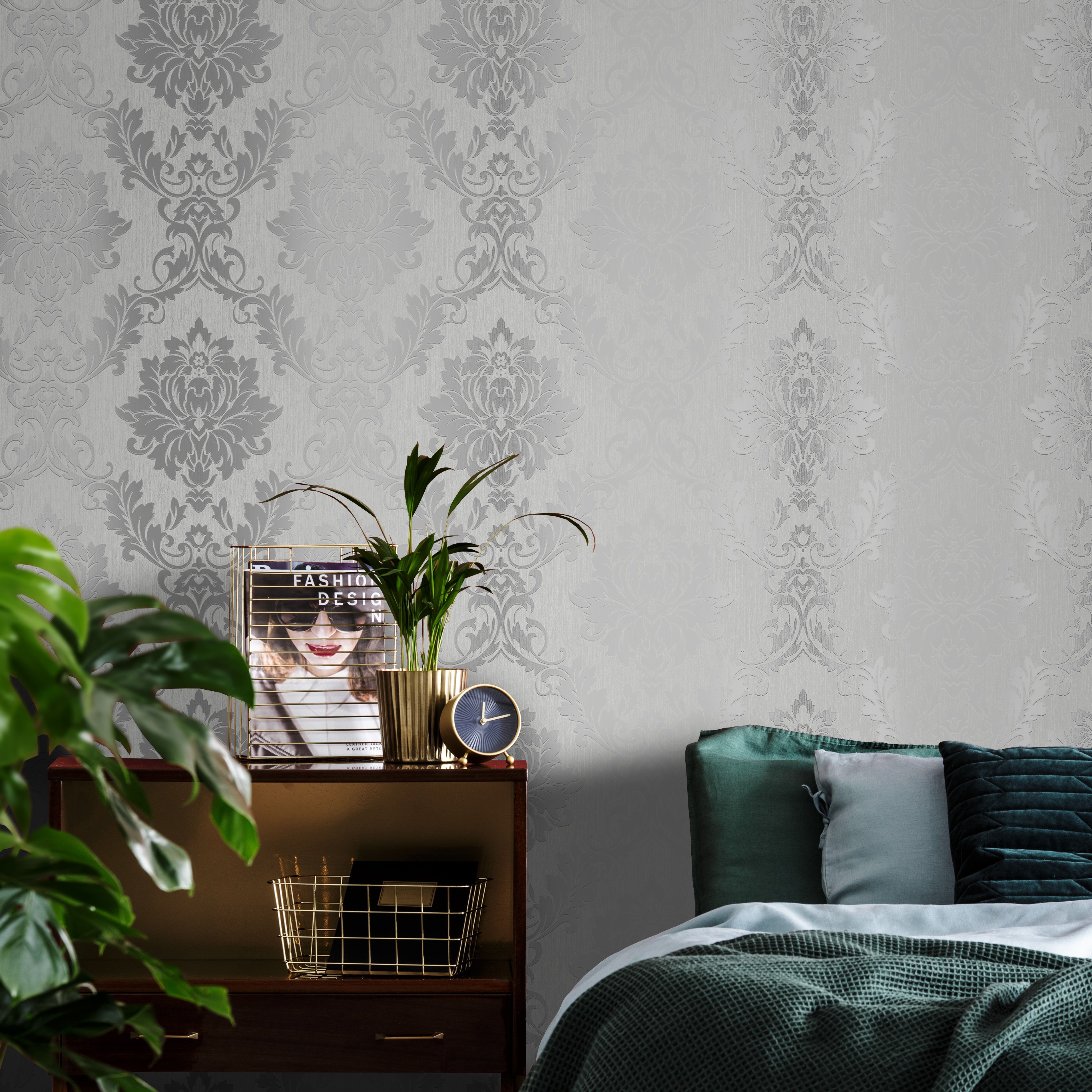 GoodHome Phacelia Grey Damask Textured Wallpaper