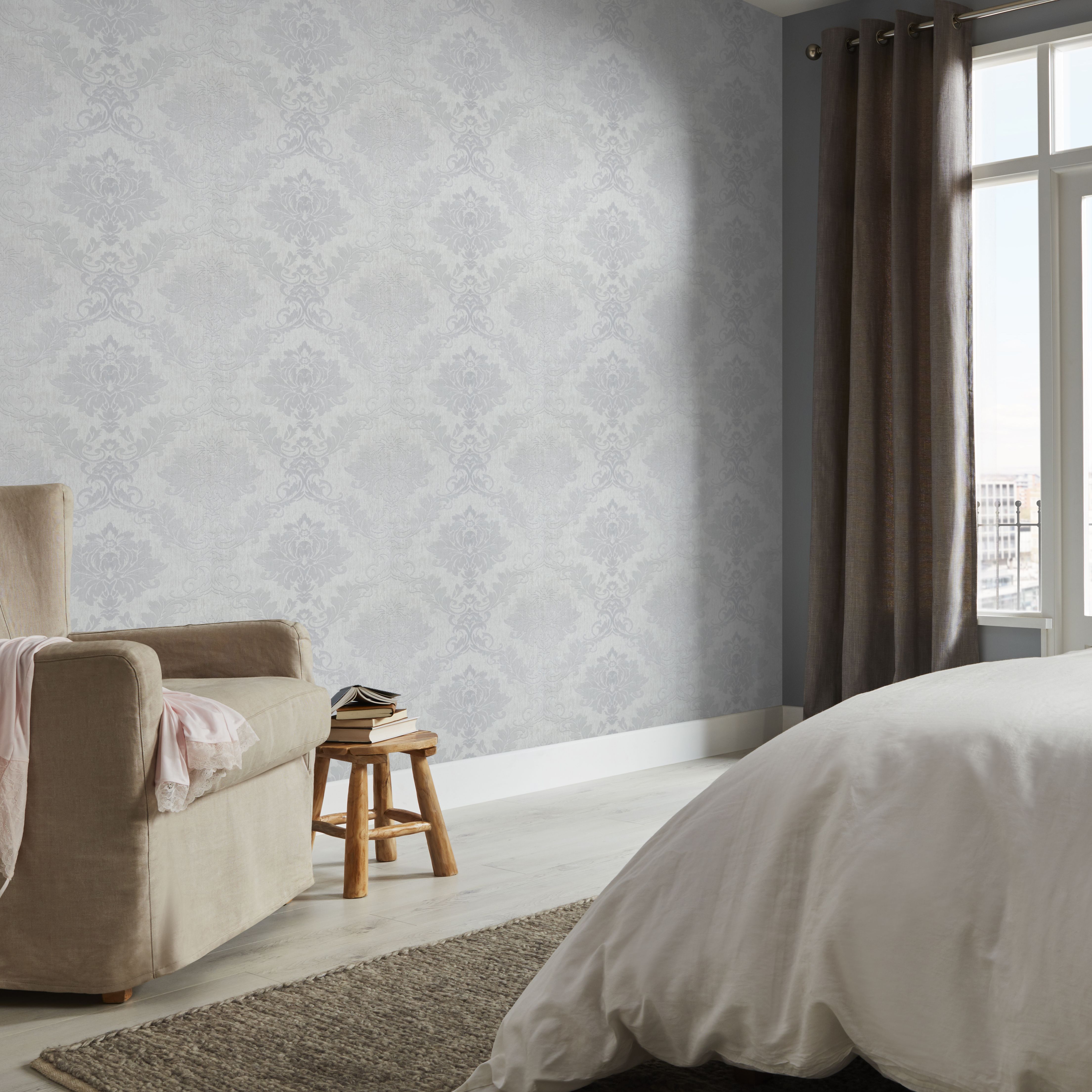 GoodHome Phacelia Grey Damask Textured Wallpaper