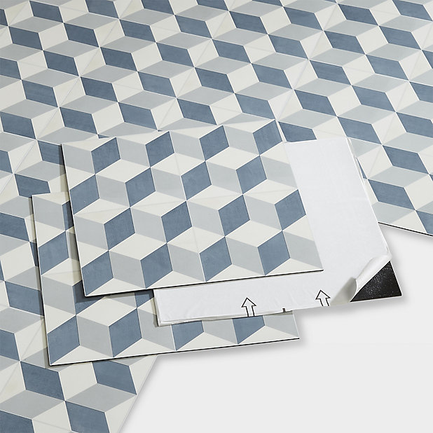Goodhome Poprock Blue Geometric Mosaic, Grey Geometric Vinyl Flooring