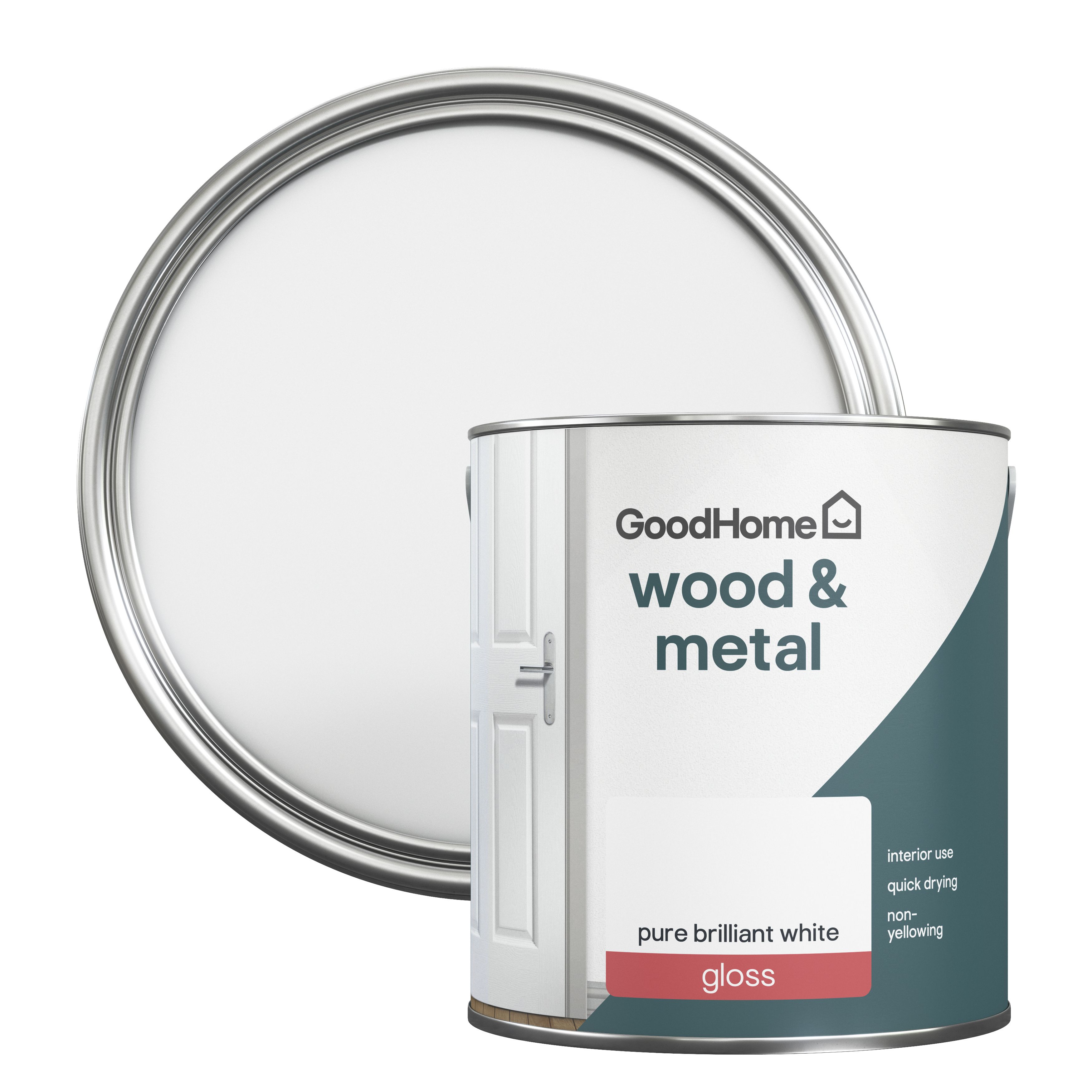 GoodHome Pure Brilliant White Gloss Metal & wood paint, 2.5L Tradepoint