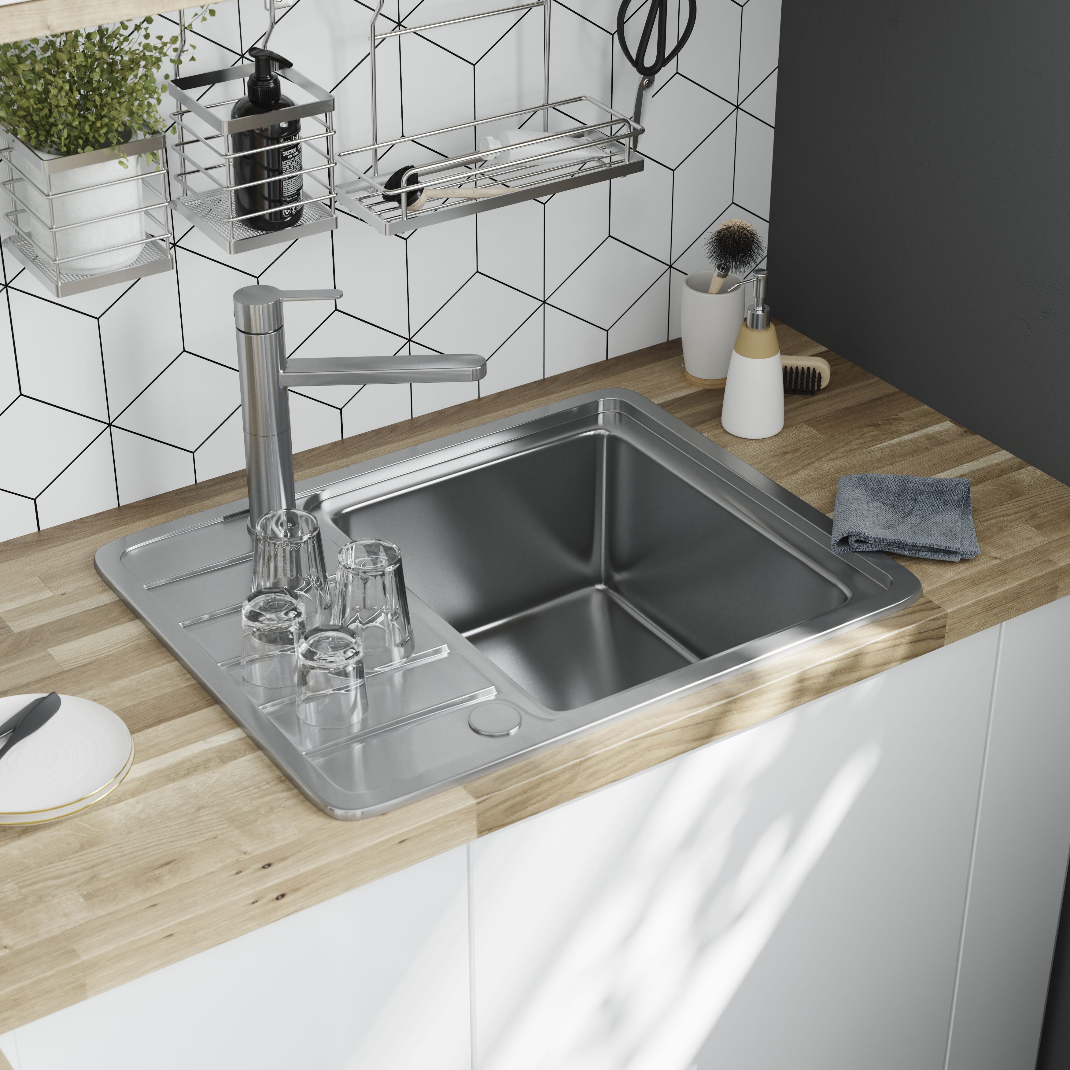 GoodHome Quassia Brushed Stainless steel 1 Bowl Kitchen sink With compact drainer 505mm x 635mm