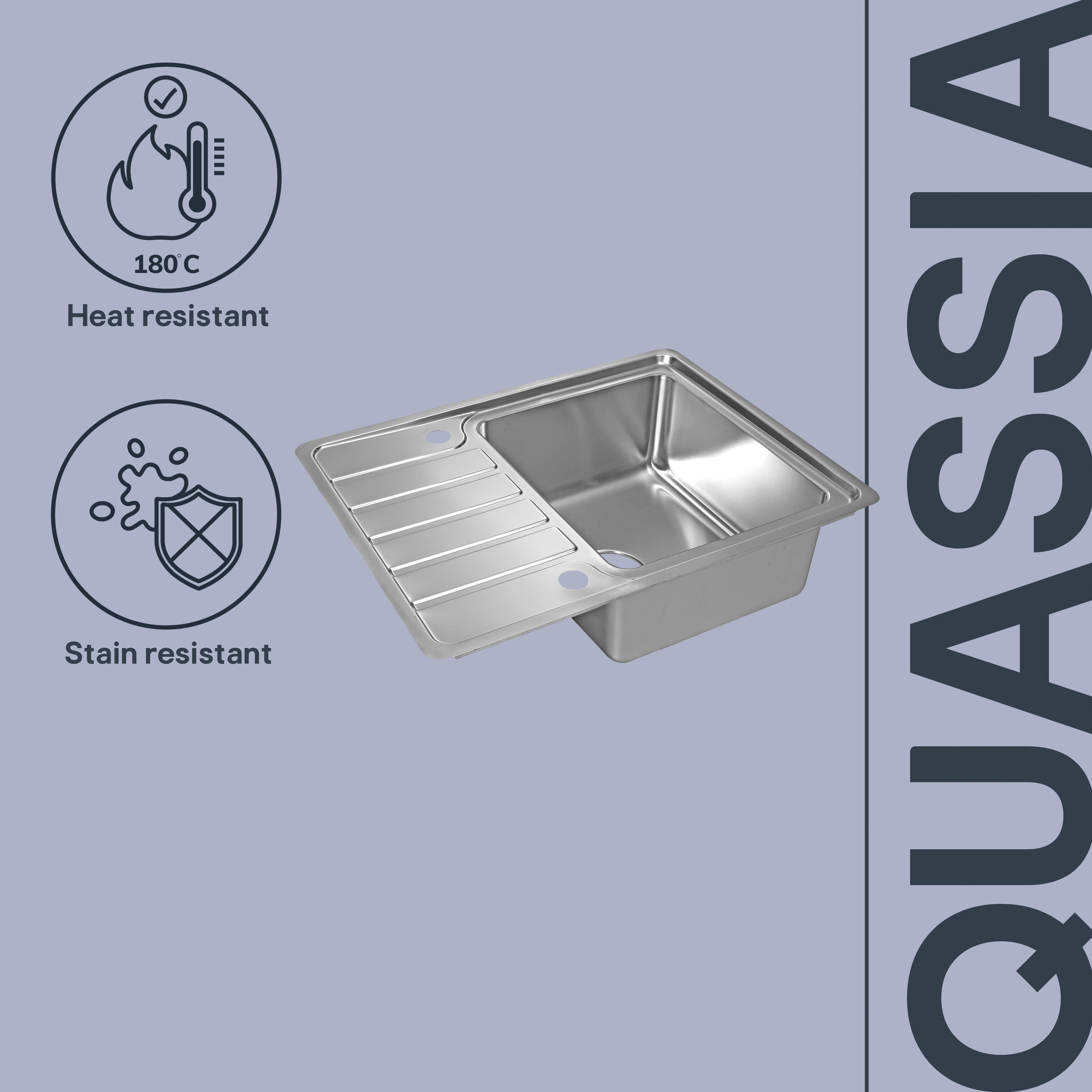 GoodHome Quassia Brushed Stainless steel 1 Bowl Kitchen sink With compact drainer 505mm x 635mm