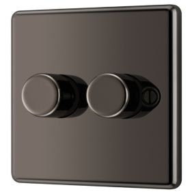 GoodHome Raised rounded profile Double 2 way 200W Dimmer switch Black 2 gang