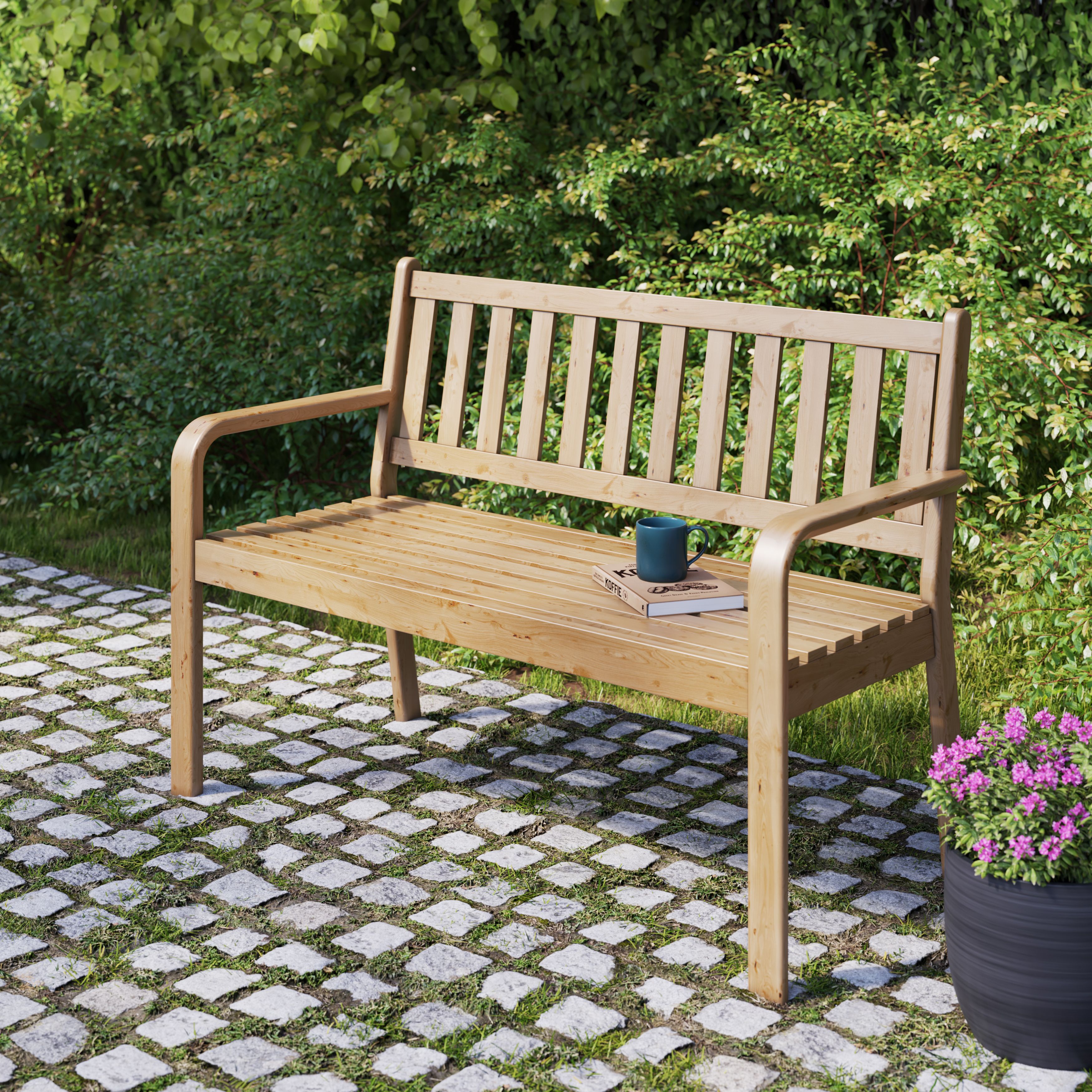 GoodHome Riveo Natural Wooden Bench (W)128cm (H)89cm