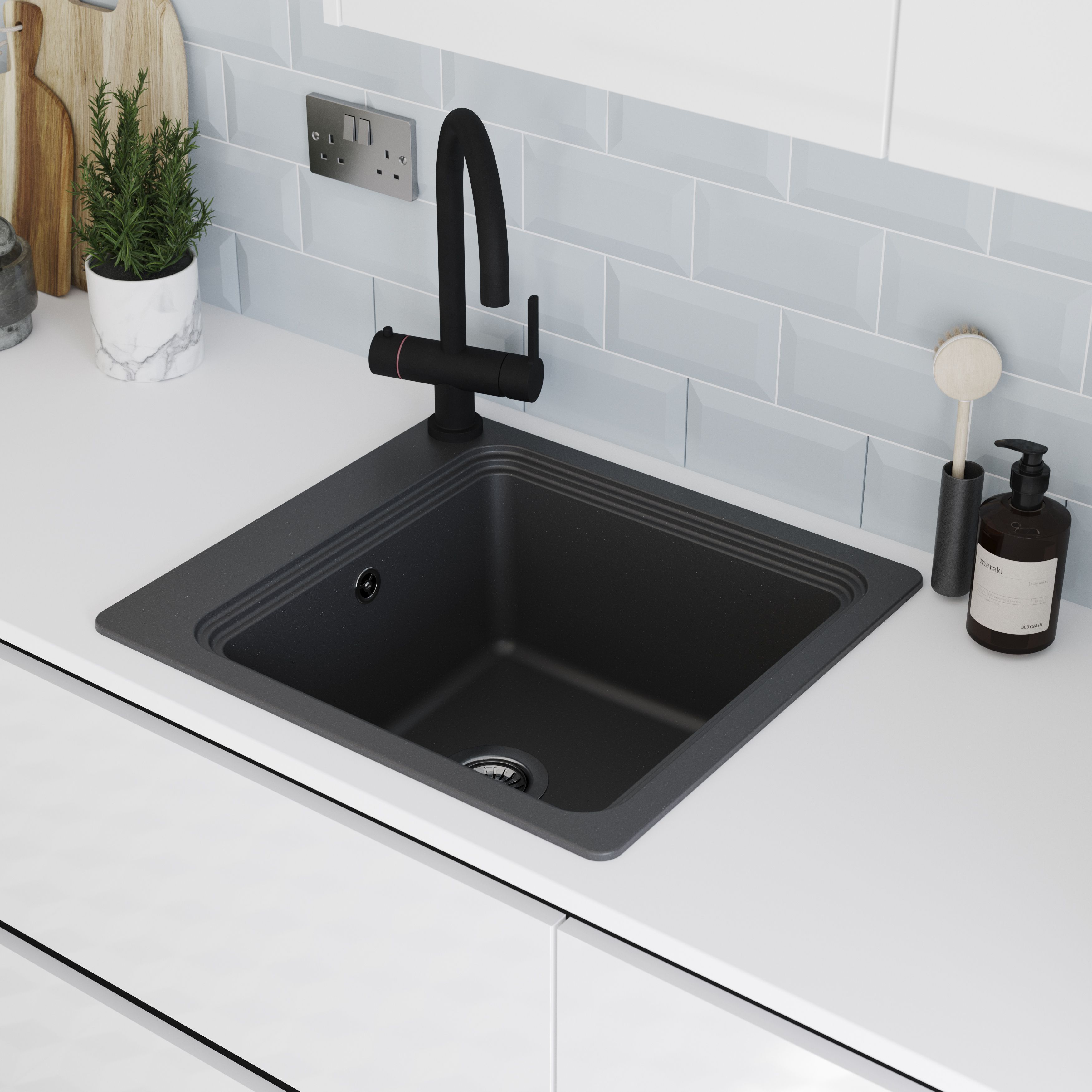 GoodHome Romesco Black Composite quartz 1 Bowl Kitchen sink 515mm x 562mm Tradepoint