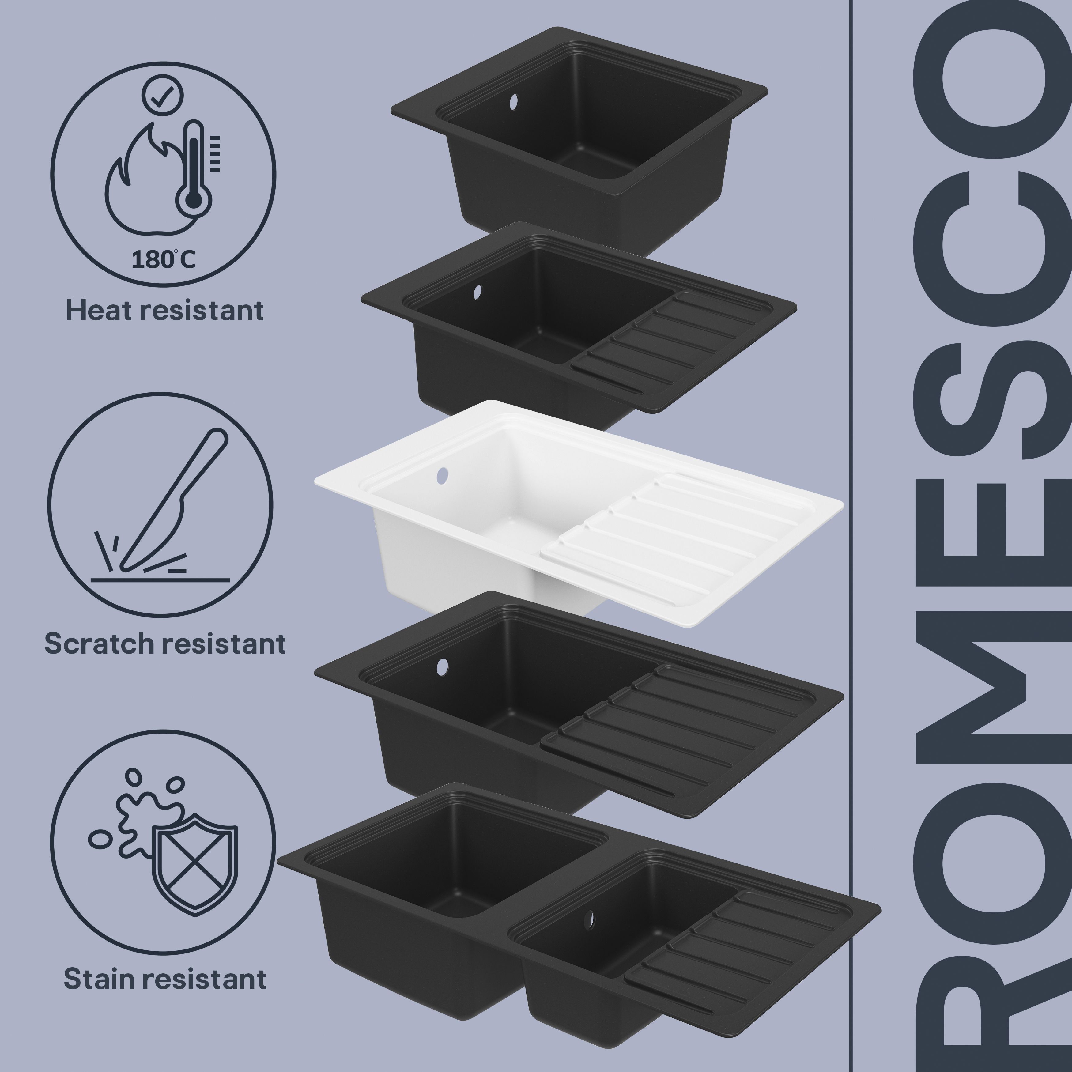 GoodHome Romesco Black Granite 1.5 Bowl Sink & drainer 515mm x 1050mm