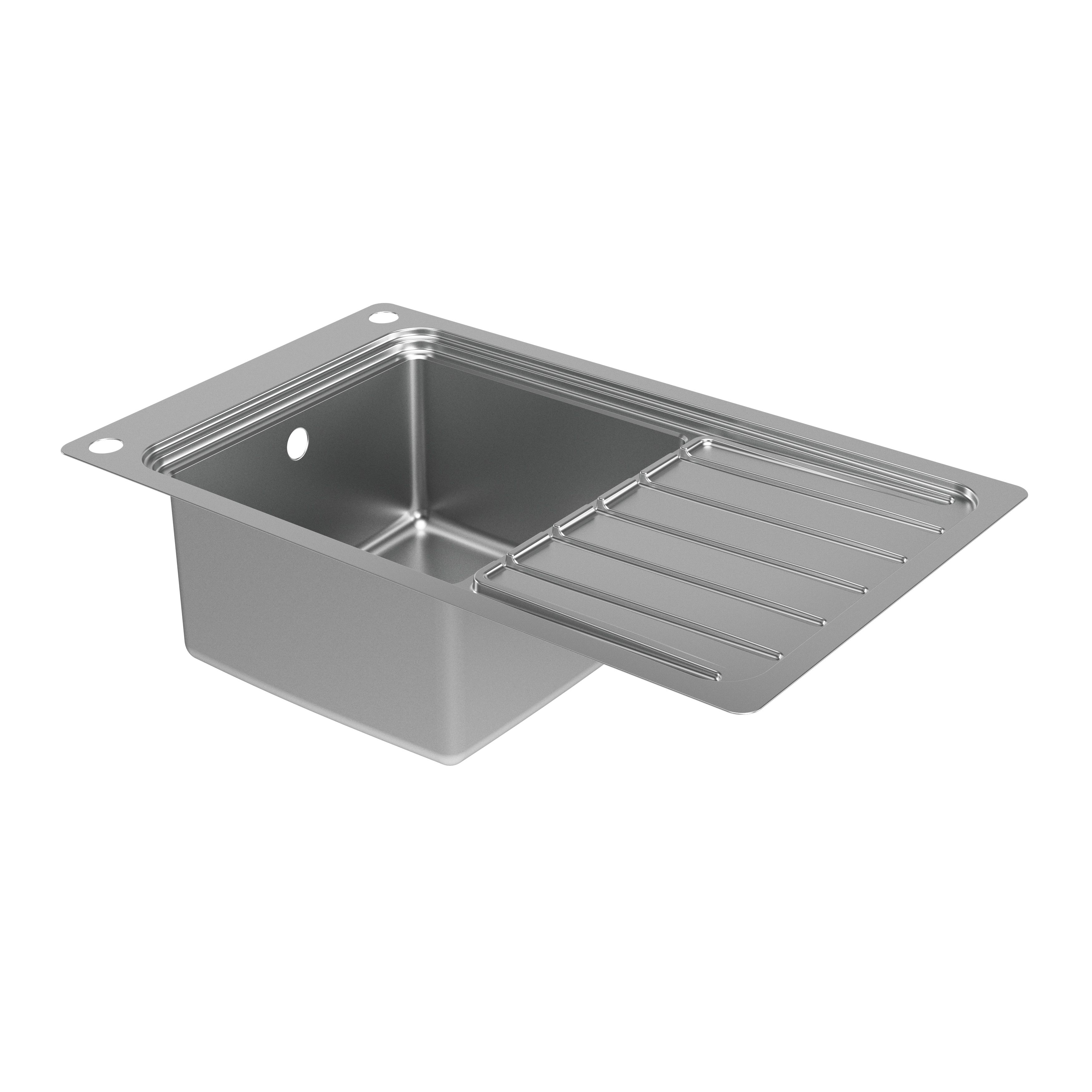 GoodHome Romesco Brushed Stainless steel 1 Bowl Kitchen sink With full drainer 510mm x 880mm