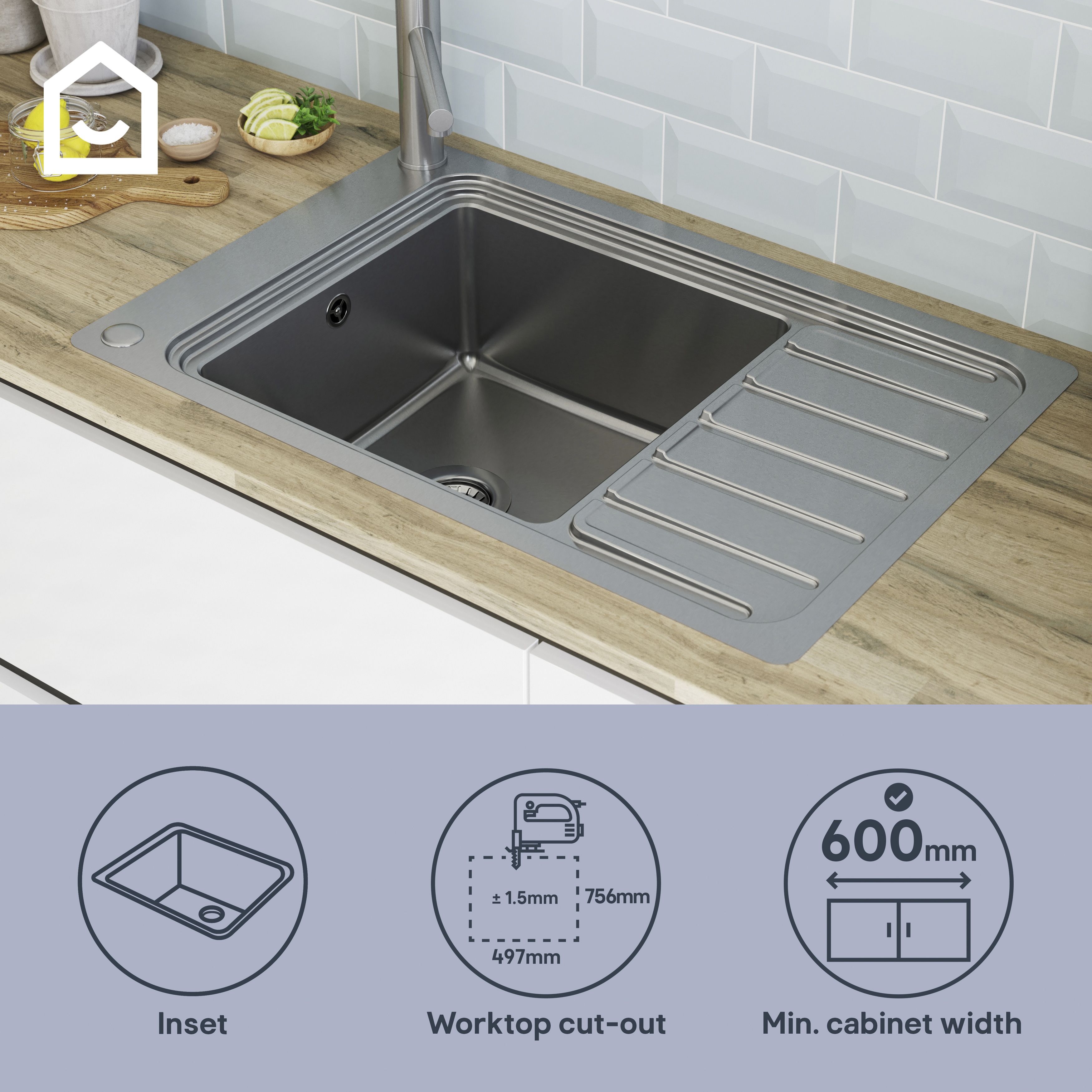 GoodHome Romesco Brushed Stainless steel 1 Bowl Sink & drainer With compact drainer 510mm x 770mm