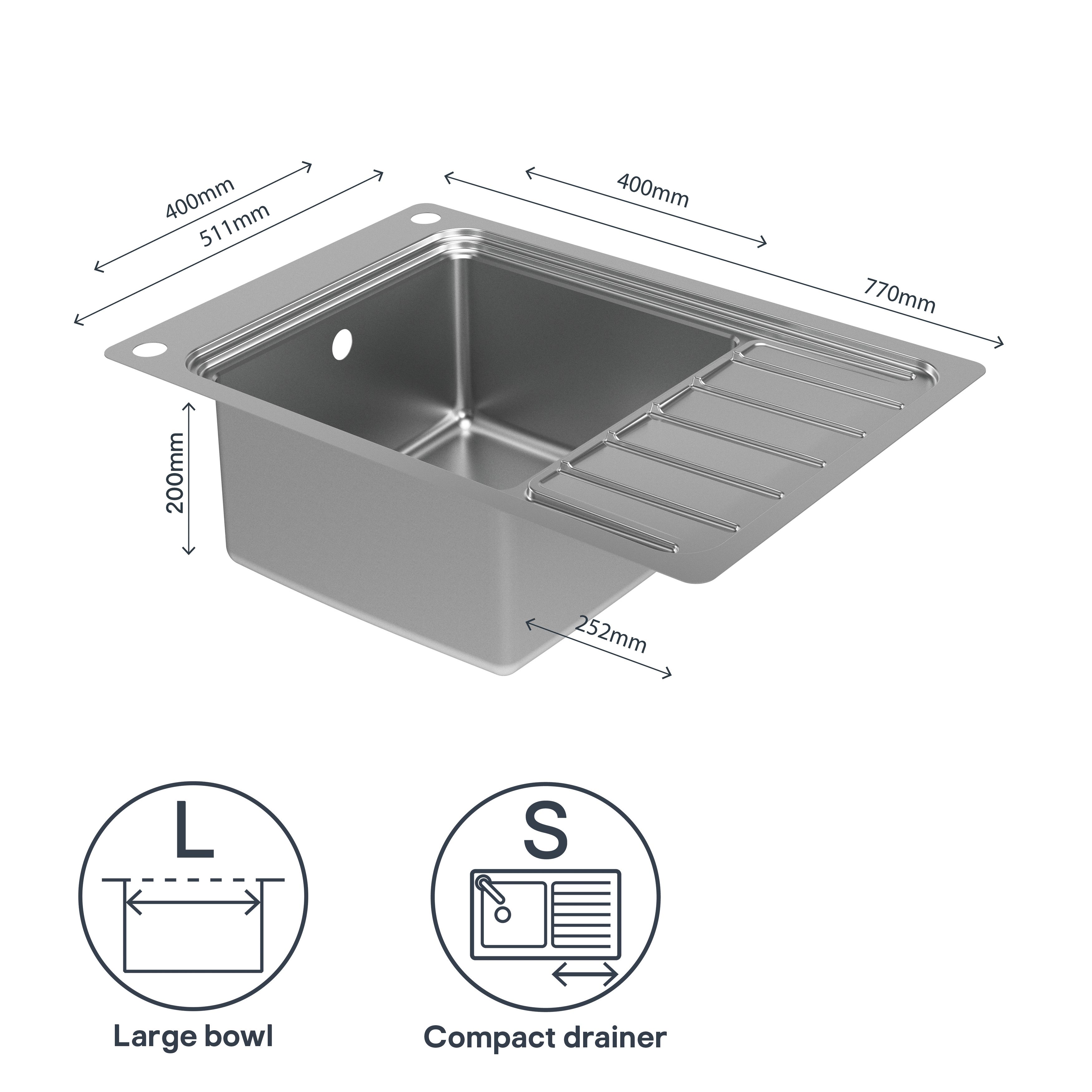 GoodHome Romesco Brushed Stainless steel 1 Bowl Sink & drainer With compact drainer 510mm x 770mm