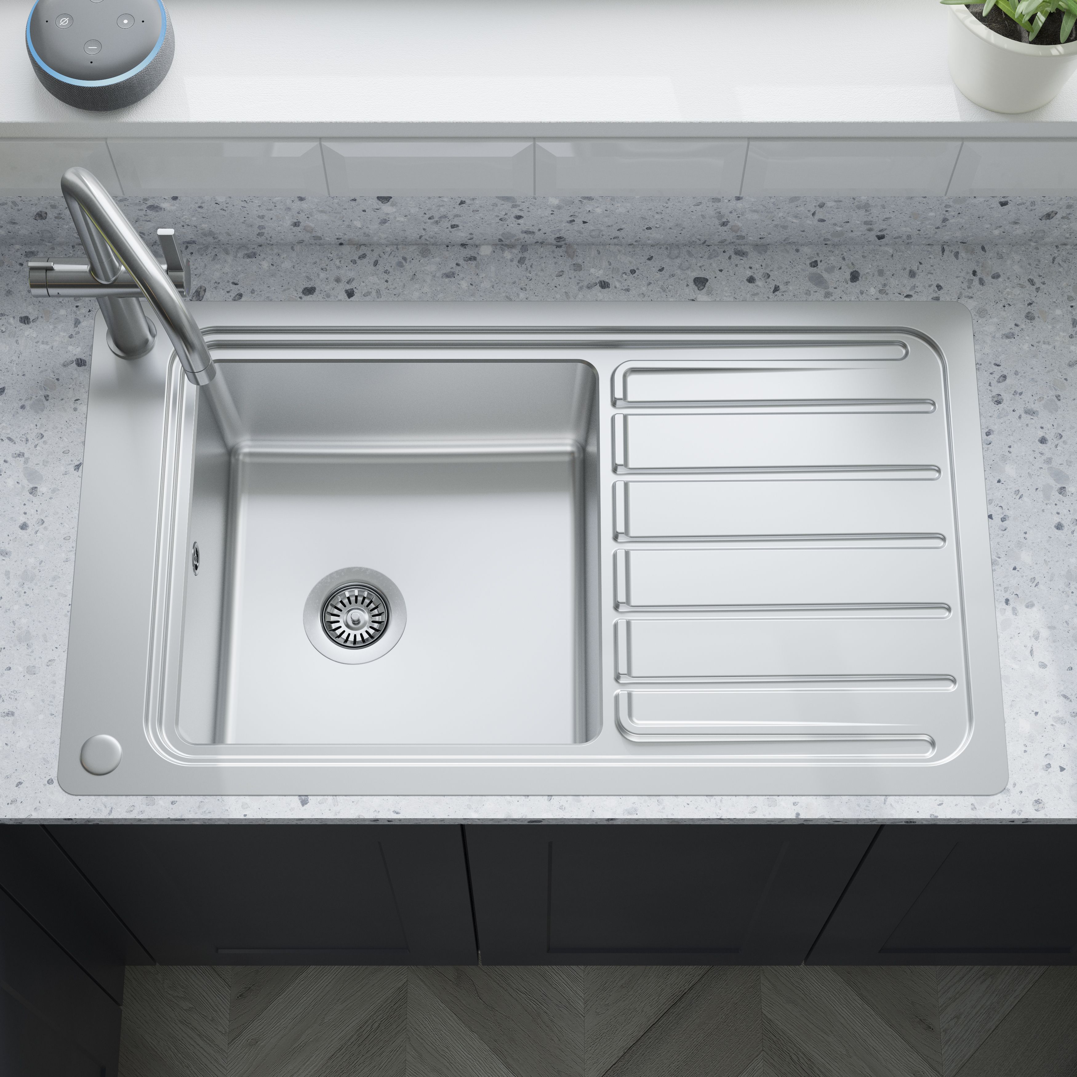 GoodHome Romesco Brushed Stainless steel 1 Bowl Sink & drainer With full drainer 510mm x 880mm