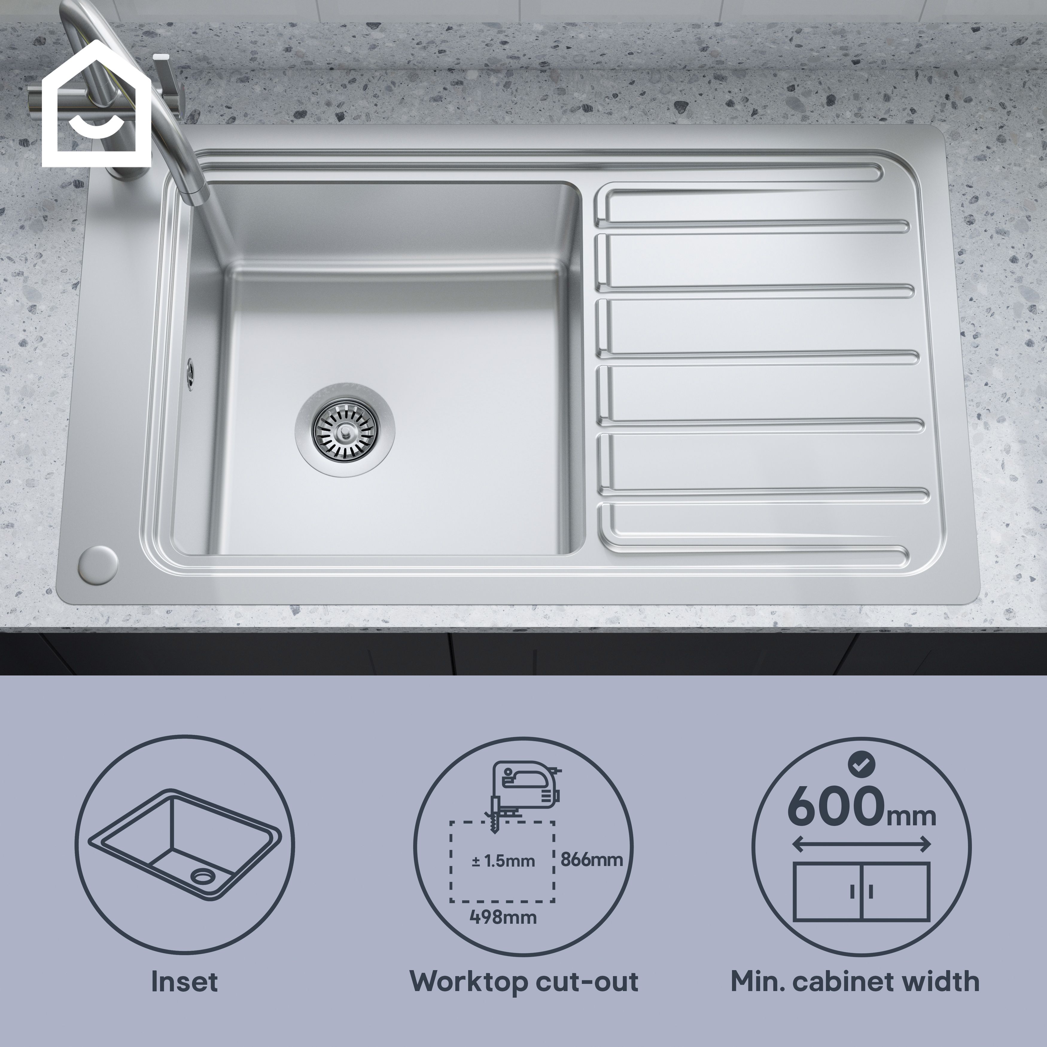 GoodHome Romesco Brushed Stainless steel 1 Bowl Sink & drainer With full drainer 510mm x 880mm