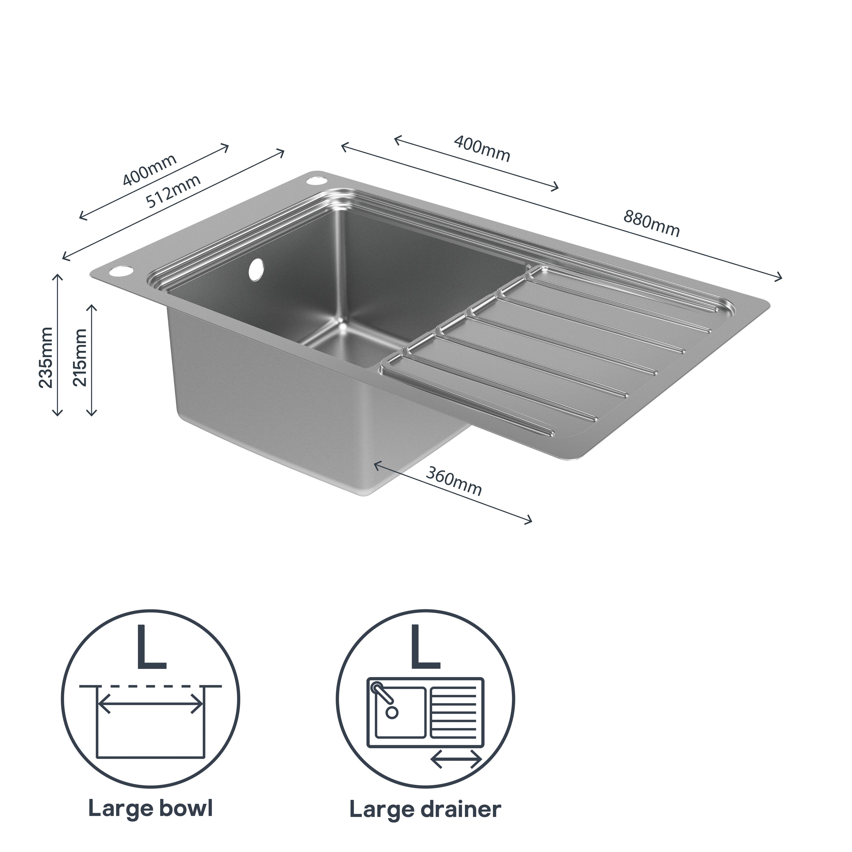 GoodHome Romesco Brushed Stainless steel 1 Bowl Sink & drainer With full drainer 510mm x 880mm